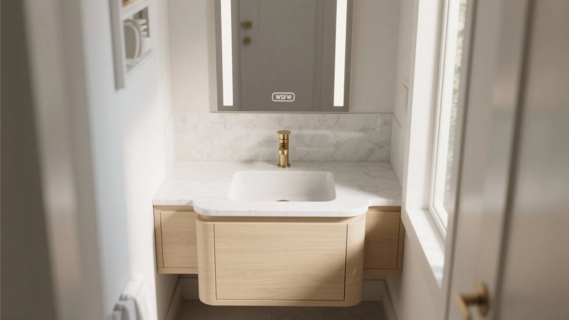 Small bathroom vanity with marble top white sink gold tap wood cabinet and lighted mirror