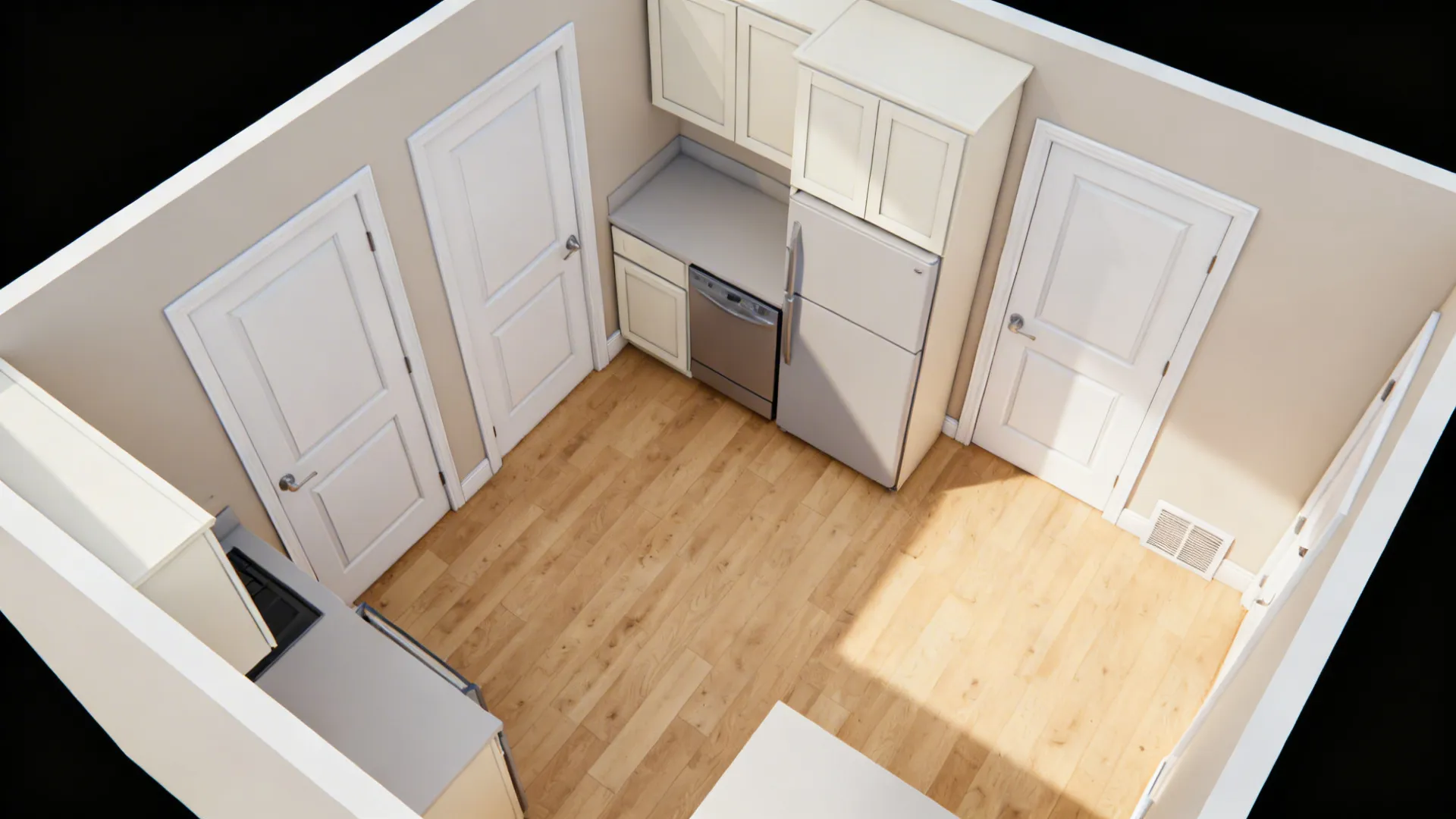 Interior design drawing showing a small kitchen with white doors wooden floor and white appliances