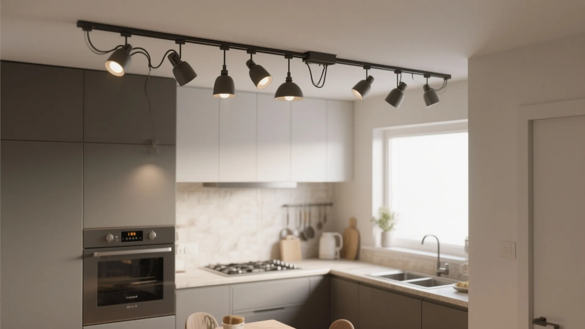 Modern kitchen with black track light fixture on ceiling above grey cabinets and white window