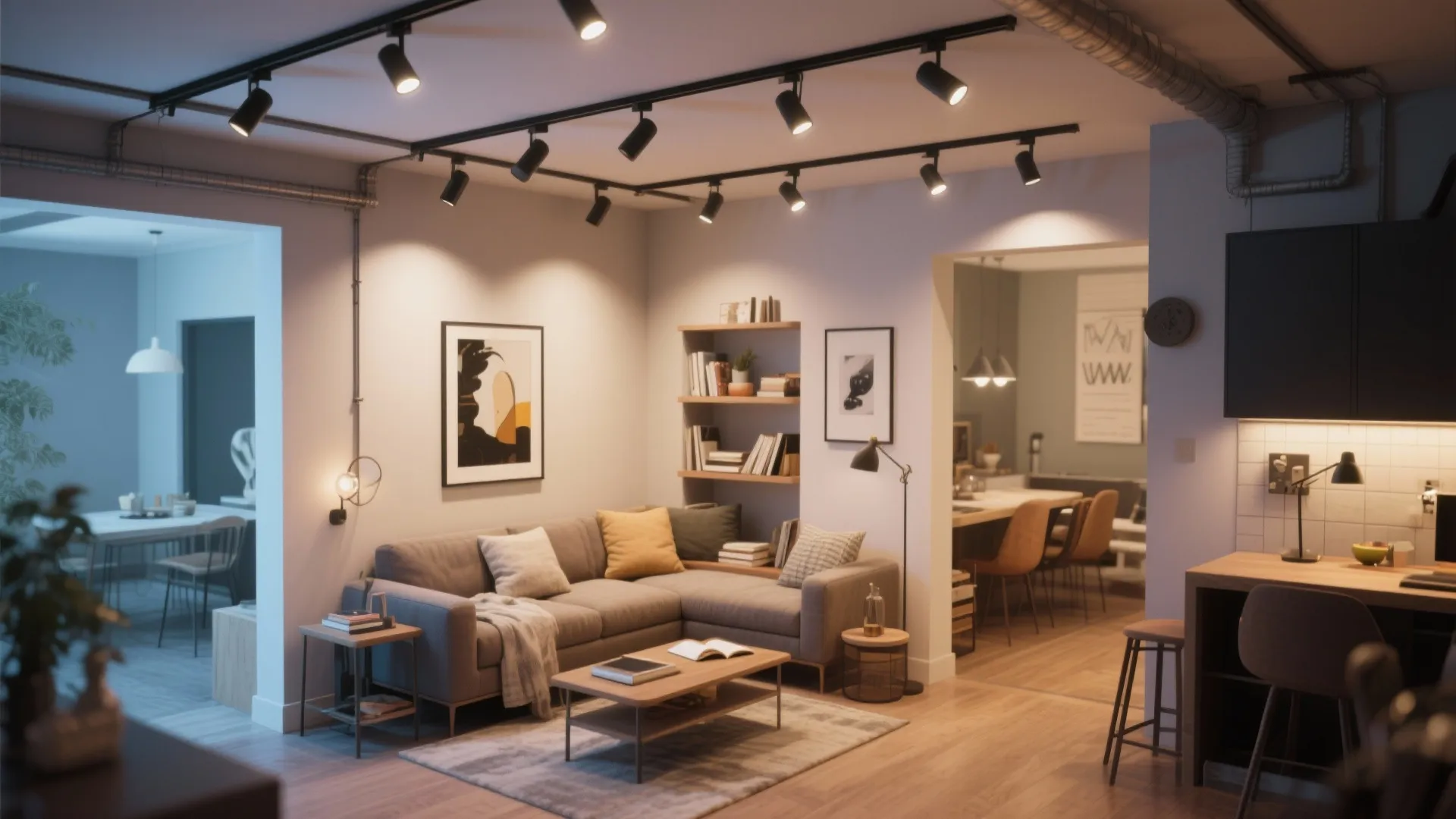 Cozy studio apartment with grey sofa wooden coffee table black track lights and open kitchen