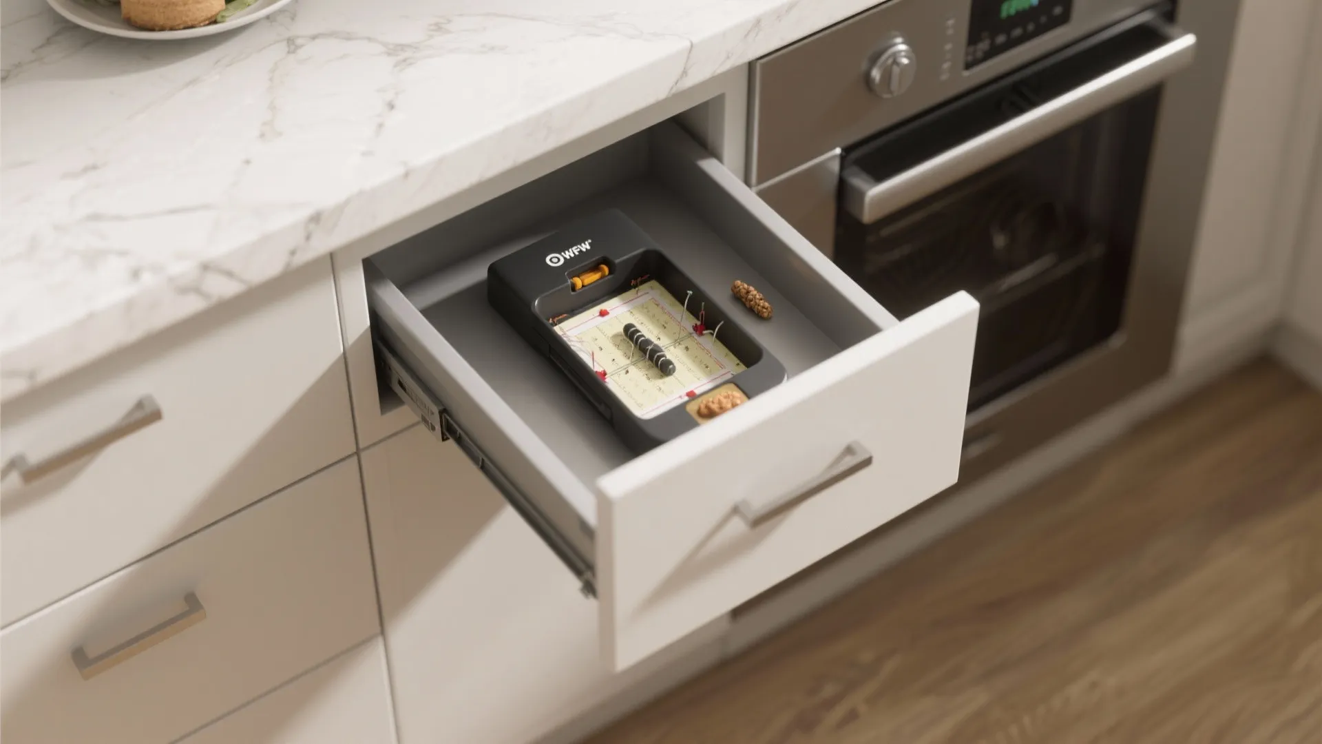 Top-down view of a slim trap drawer with a sticky trap and bait station hidden at the cabinet edge.