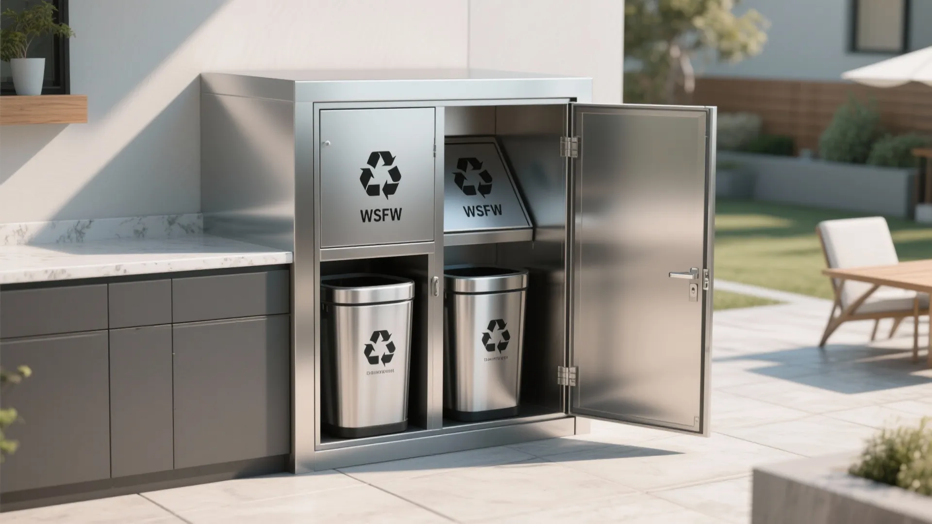Integrated stainless steel trash and recycling cabinet with labeled bins and smooth pull system