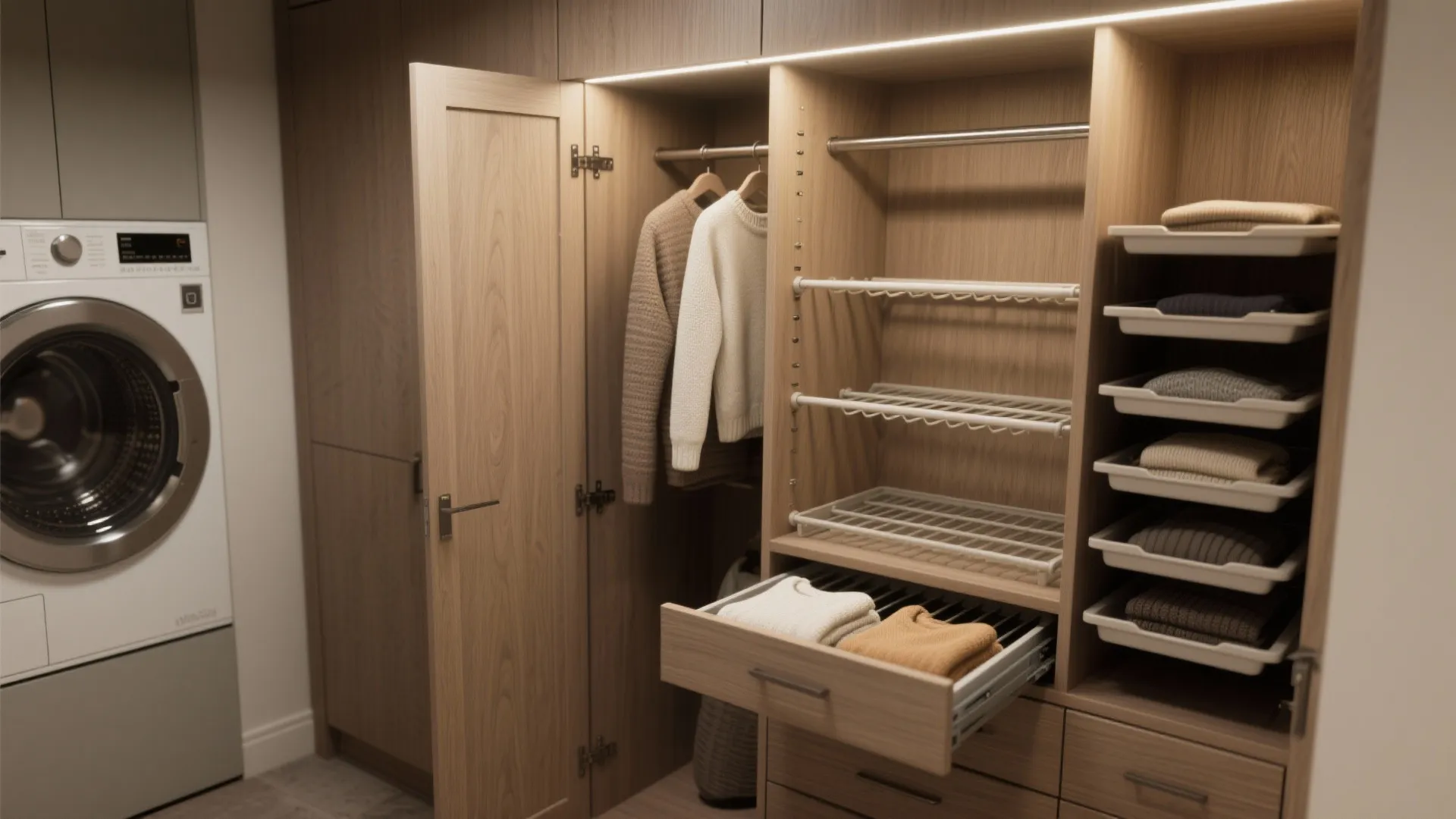 5. Integrated Cabinet Rods and Pull-Out Drying Trays