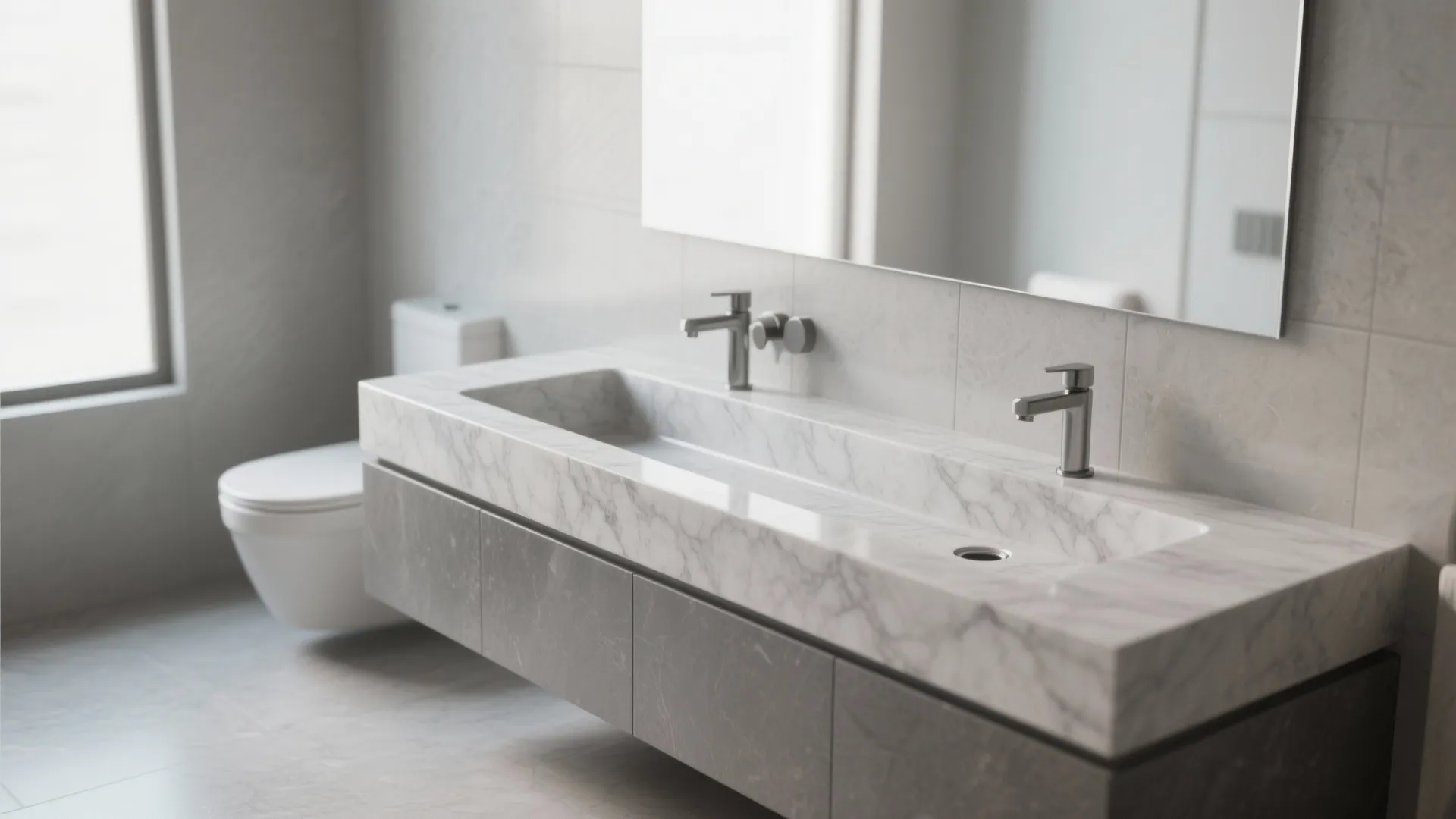 Modern bathroom with double faucets on a grey marble counter and large mirror above it
