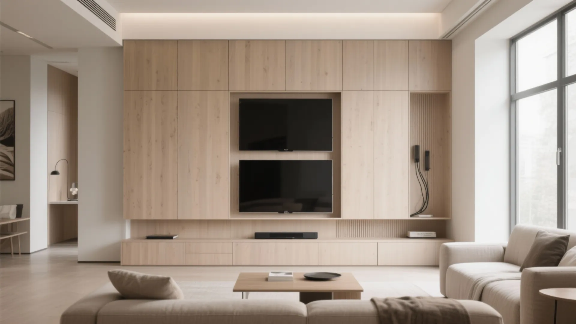 Integrated wall panel system with TVs and hidden wires