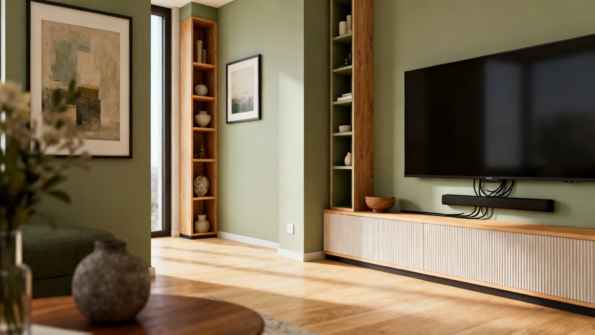 Modern living room with green walls wooden cabinet tall shelves large television and light flooring