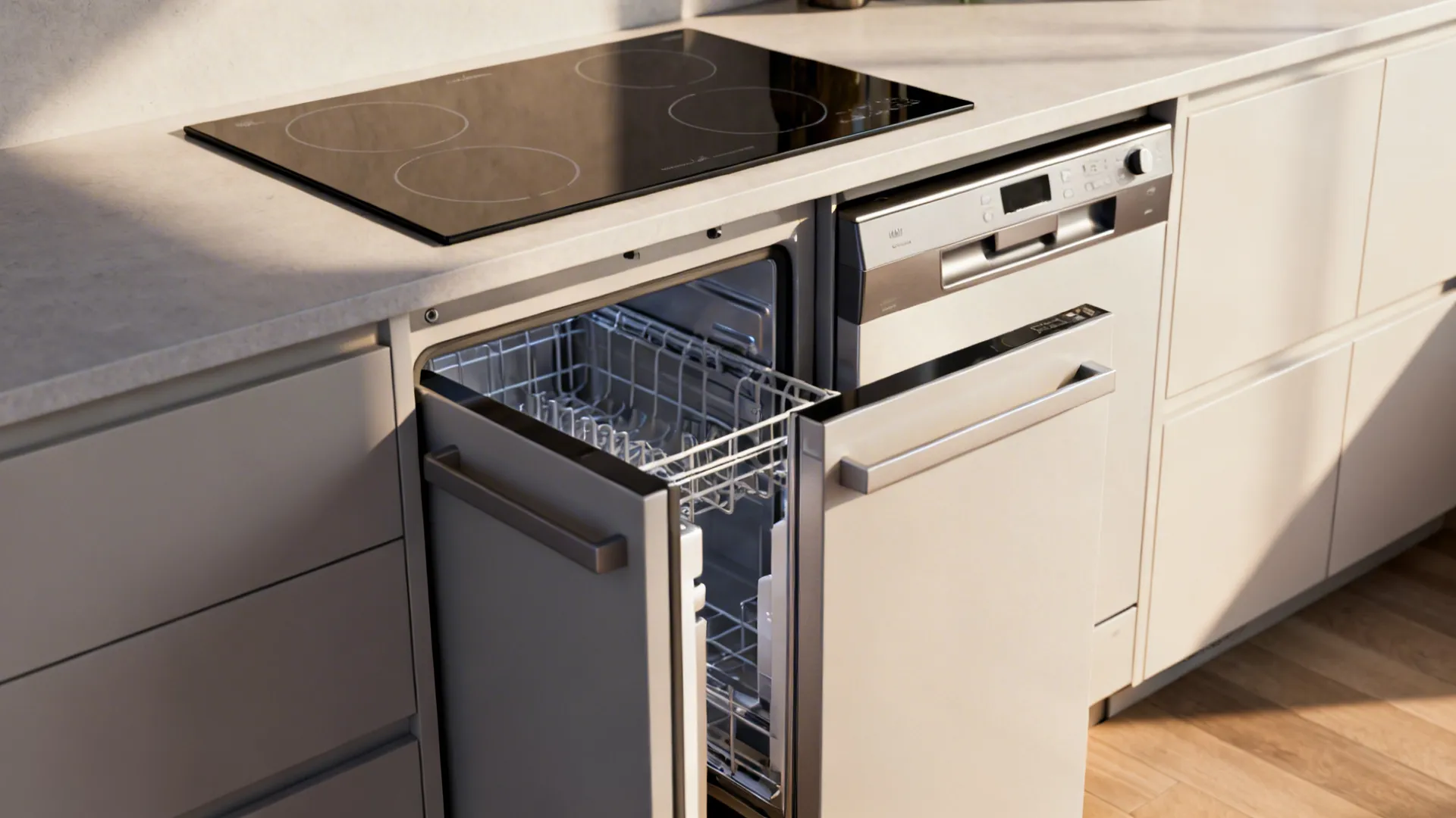 Integrated undercounter fridge drawer and flush induction cooktop in a streamlined small kitchen.