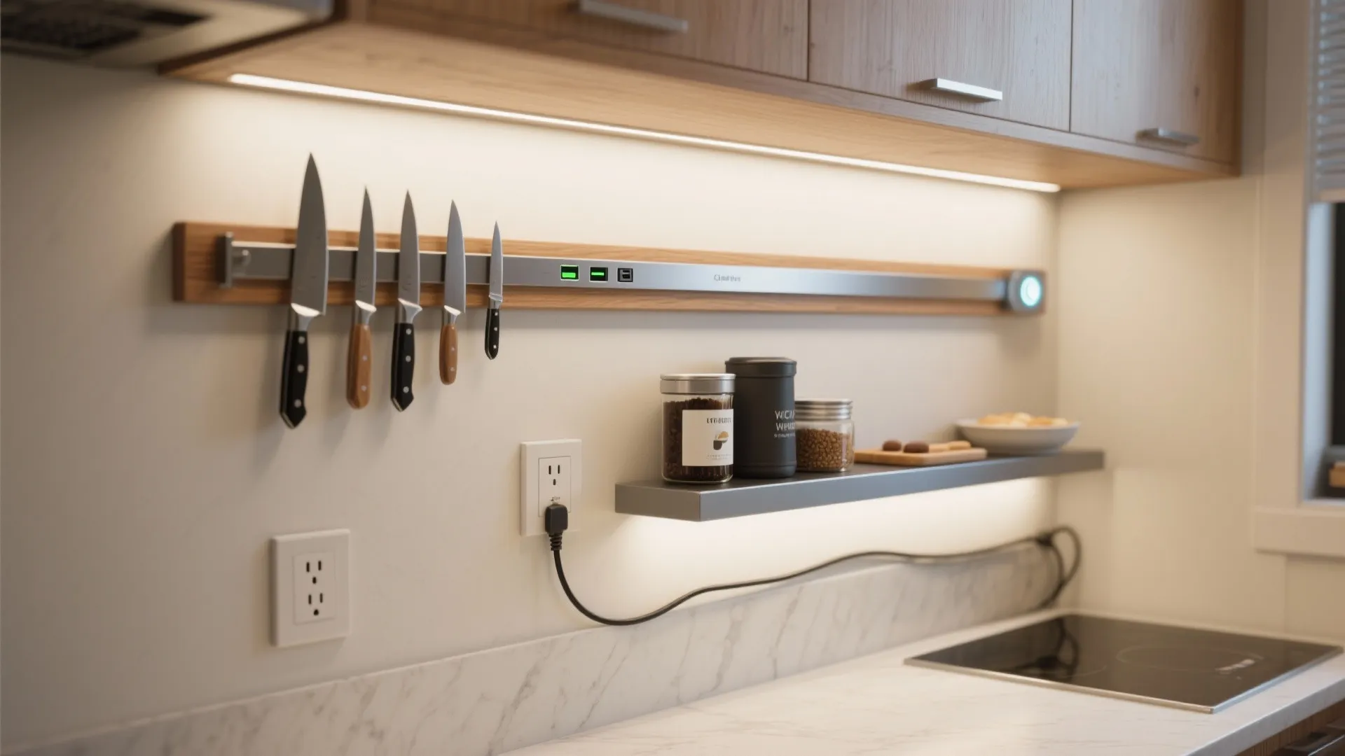 Utility Wall With Integrated Rails, Power, and Smart Lighting