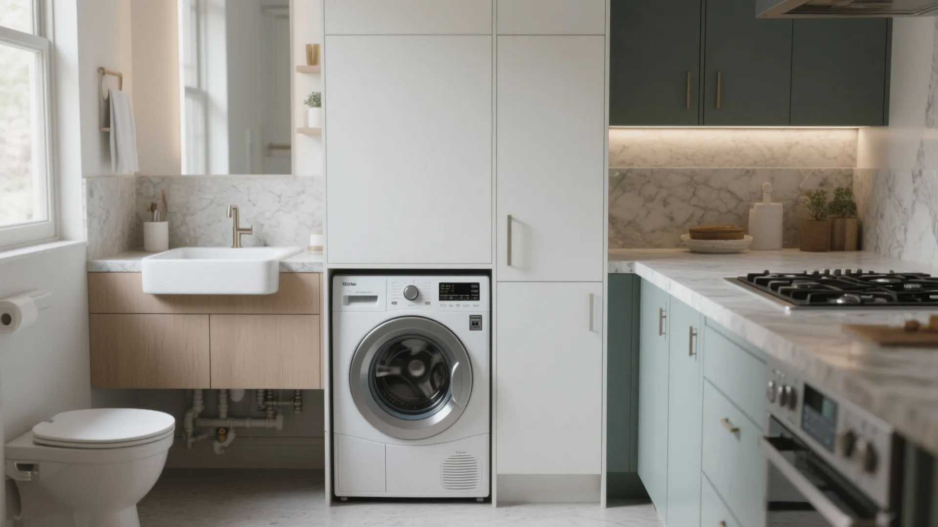 Compact washer integrated into a bathroom vanity and a kitchen island showing multi-use furniture solutions.