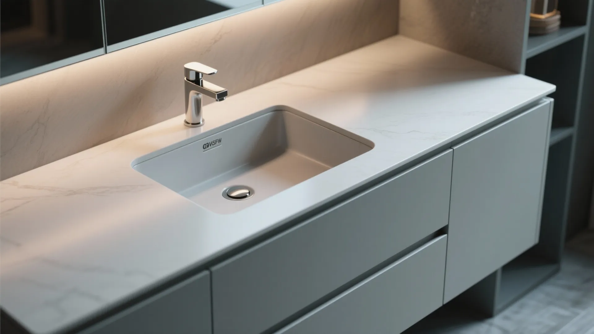 Thin integrated vanity-sink with under-sink drawers and seamless solid surface countertop