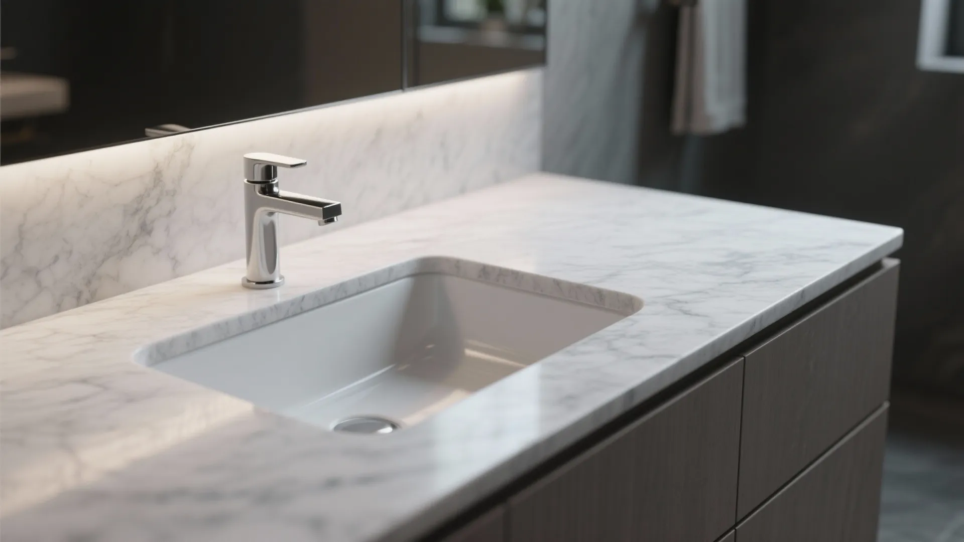 Modern marble bathroom counter featuring a white sink silver faucet and dark wood storage cabinet