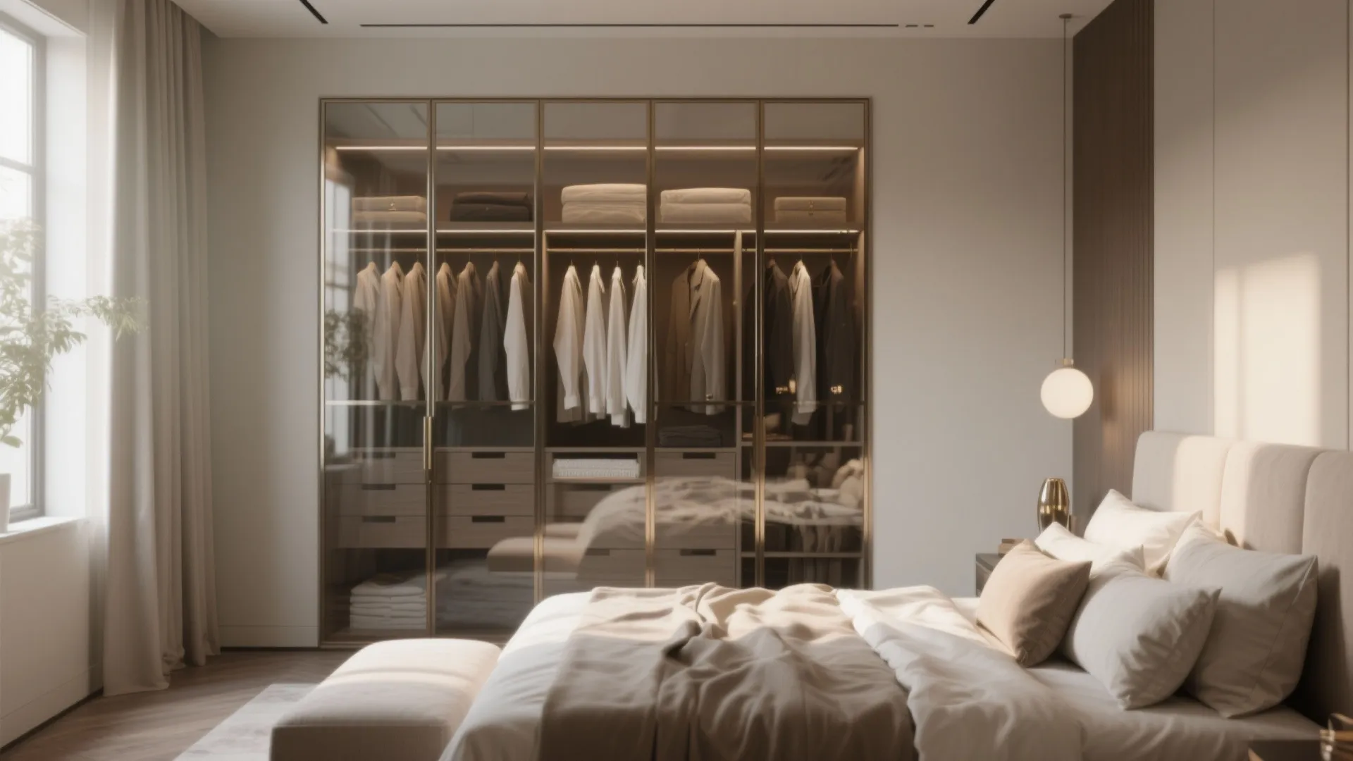 Modern bedroom featuring a large glass door cabinet with organized clothes and warm indoor lighting