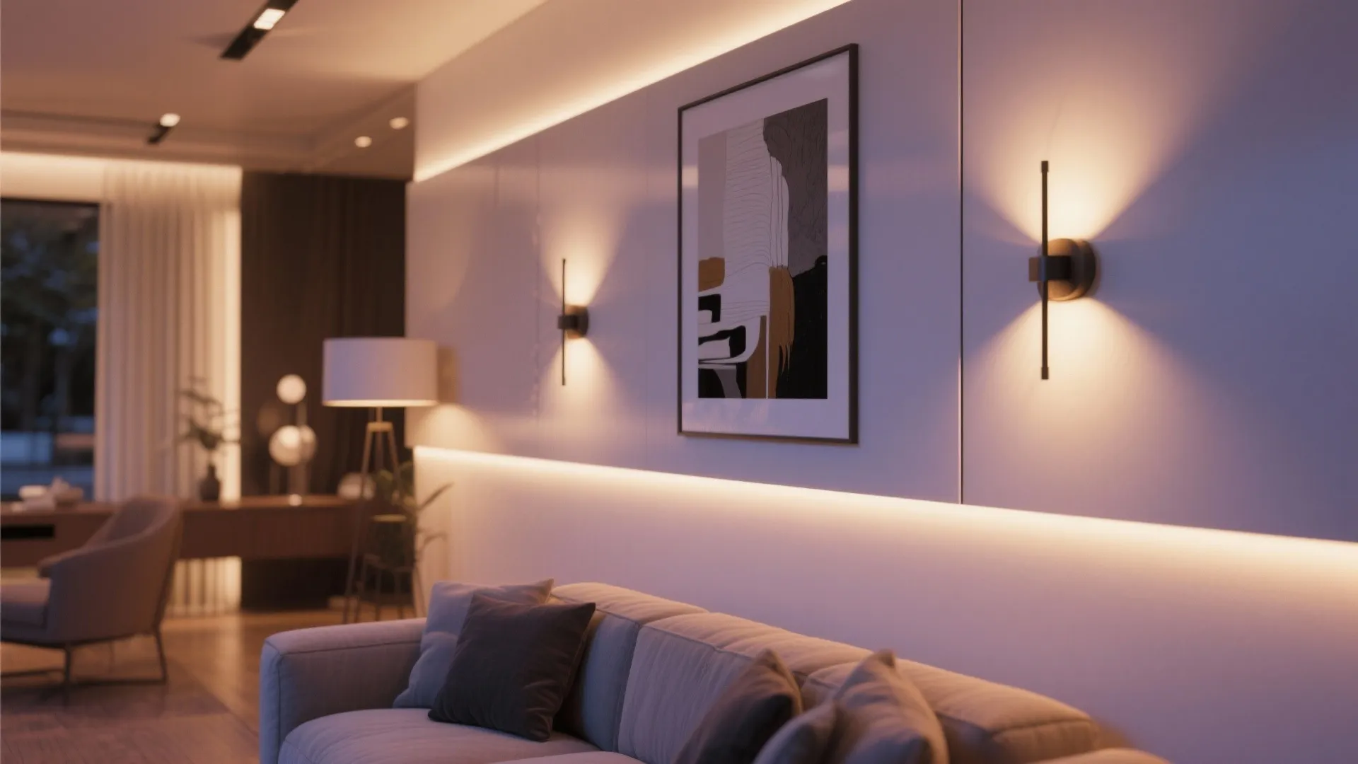 LED strip and wall sconce lighting highlighting art in living room
