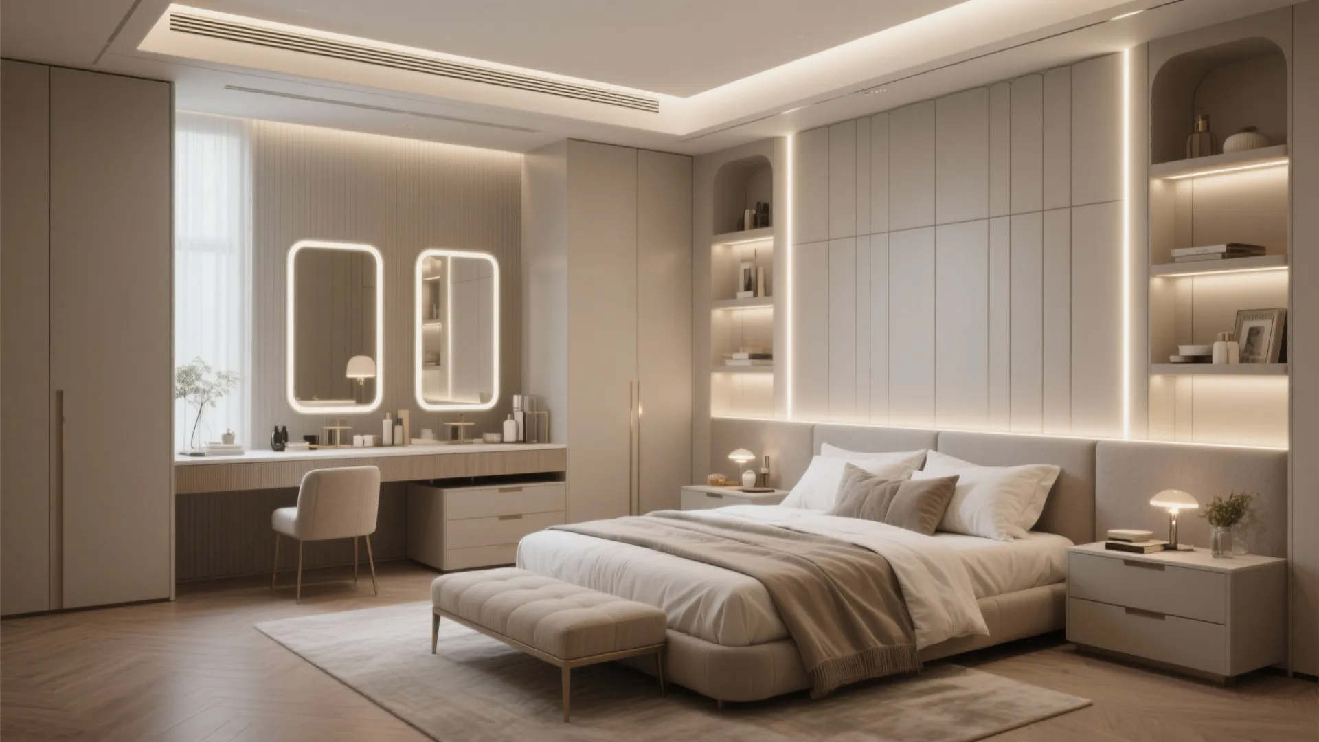 Modern master bedroom with integrated wall panel, light fixtures, double mirrors, and a comfortable bed