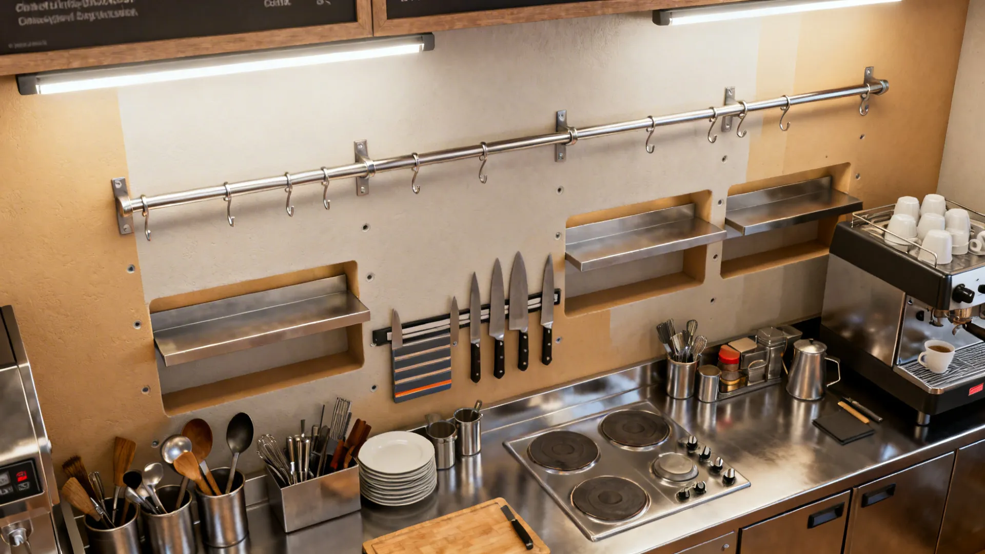 Stainless steel kitchen counter with electric stove, coffee machine, and integrated wall storage with shelves