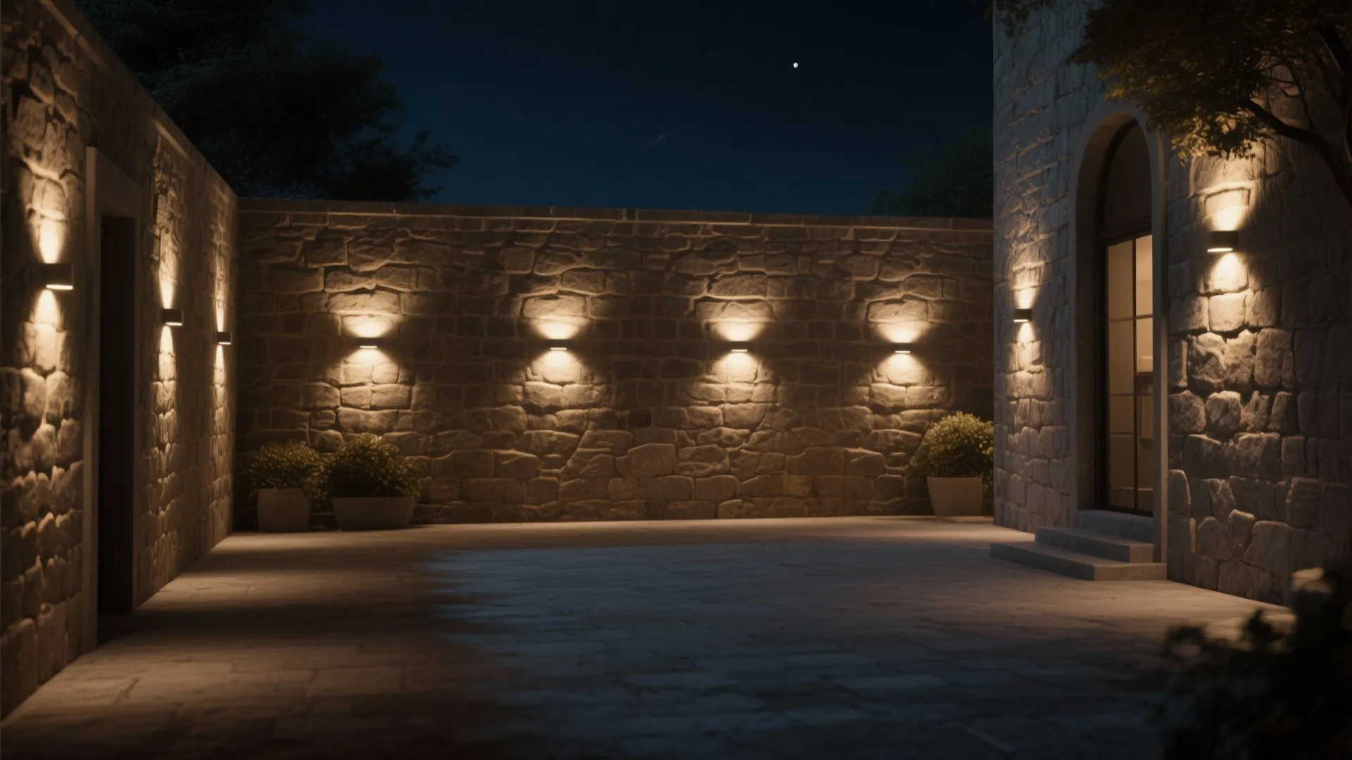 Stone wall courtyard at night with wall lights shining on the textured surface and bushes