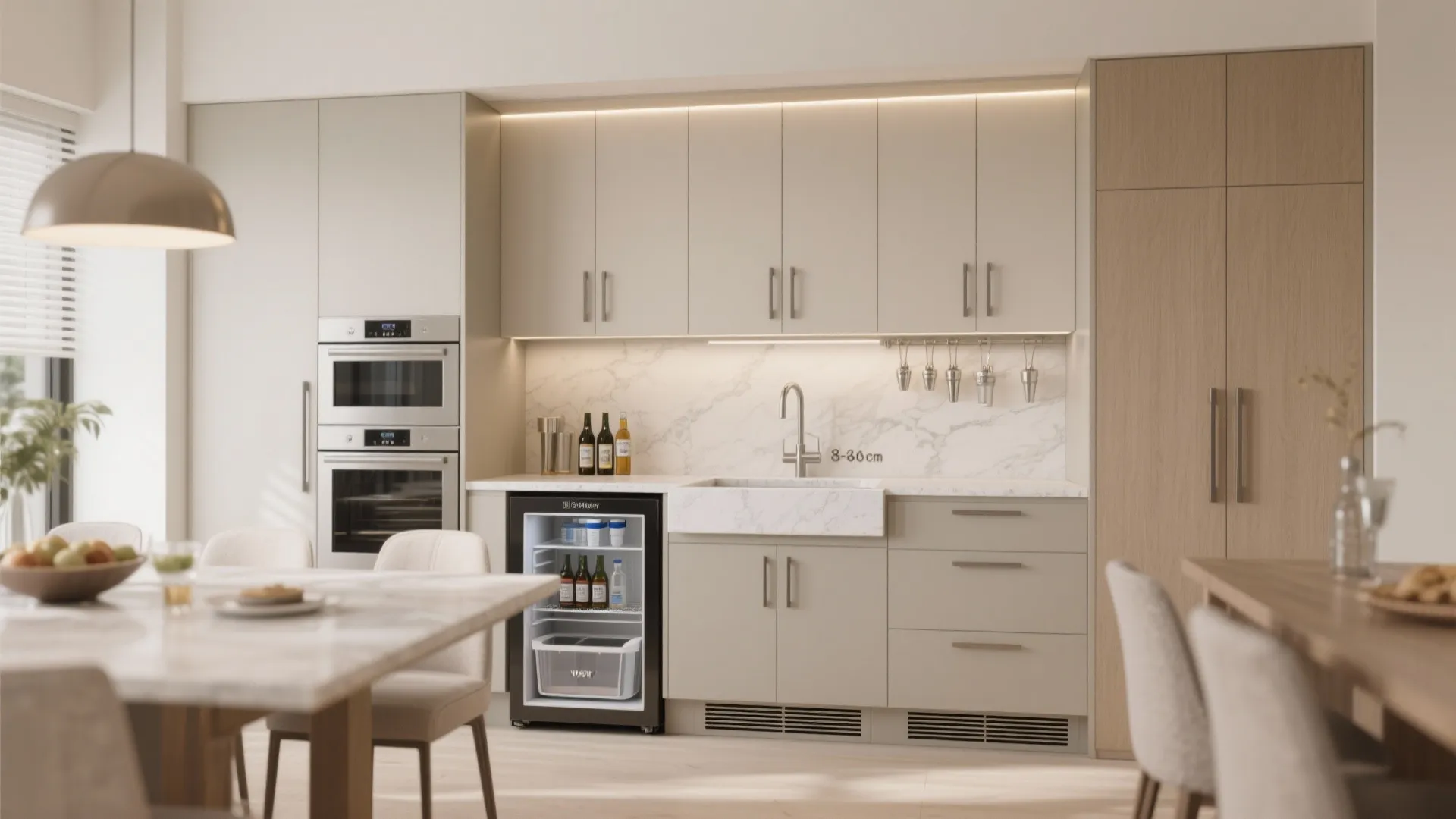 Modern wet bar with light grey cabinets marble backsplash small fridge sink and double wall ovens