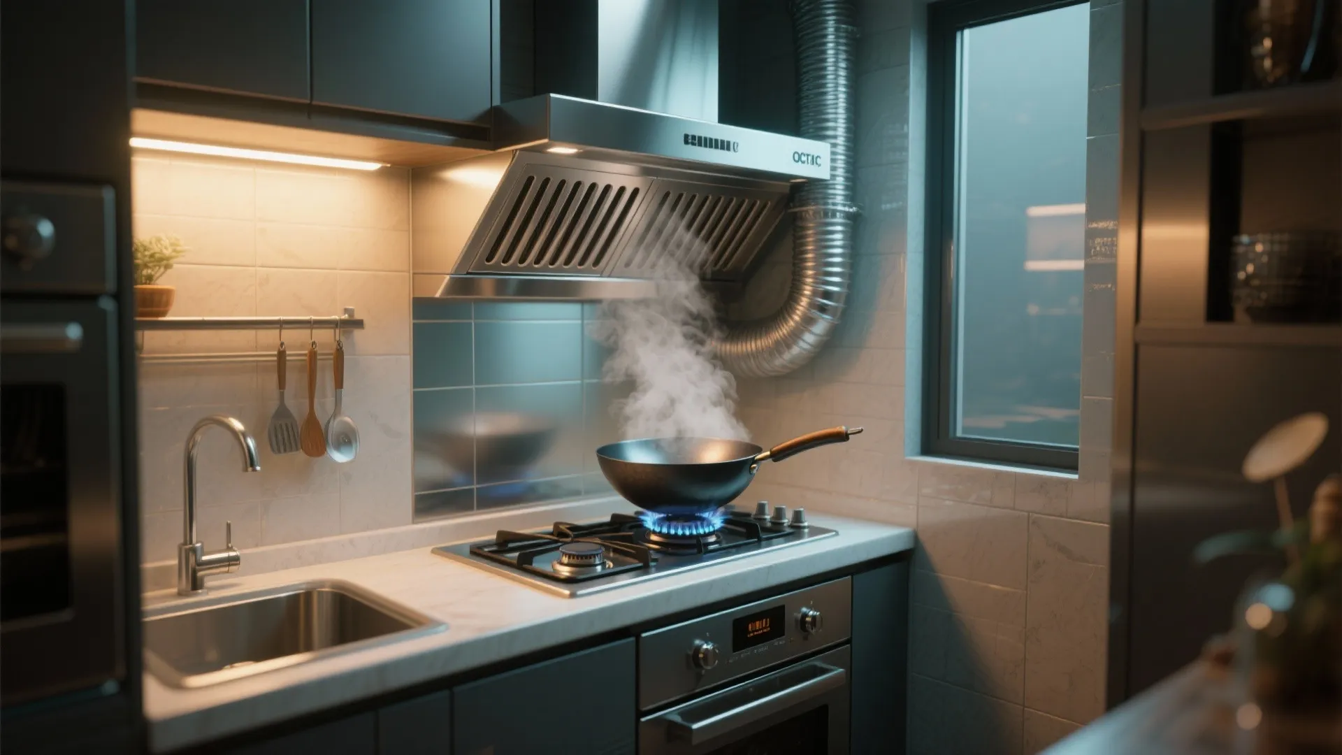 Modern kitchen with black pan on gas stove cooking steam under a steel vent hood