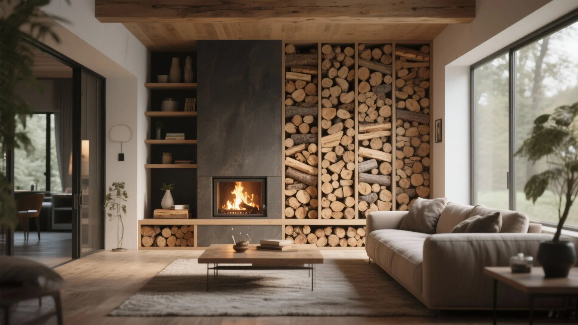 Built-in log storage next to modern log burner