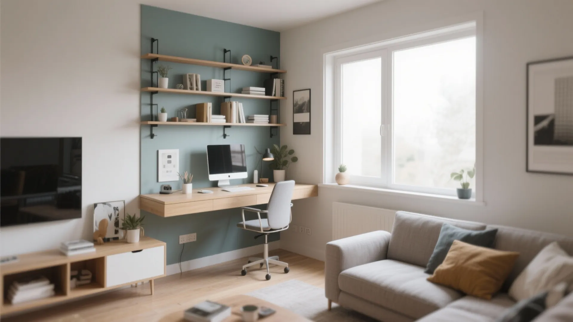 Small home office corner with wooden desk wall shelves computer chair sofa and large windows
