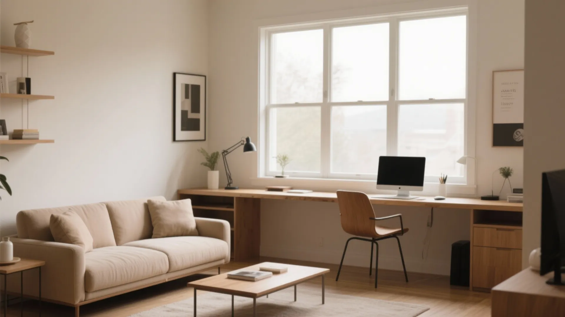 Modern home office with long wooden desk computer chair beige sofa coffee table and natural light