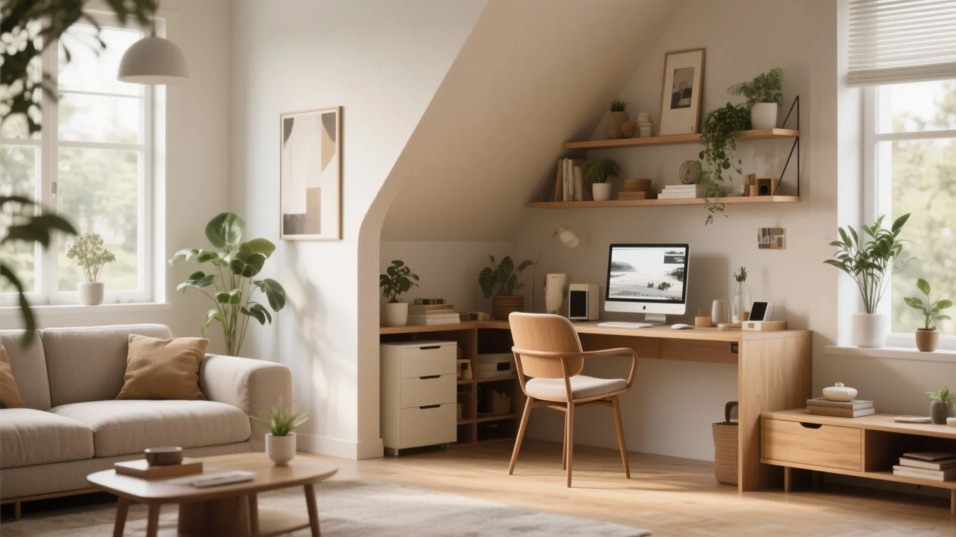 Home office workspace with wooden desk, computer, wall shelves, indoor plants, sofa, and coffee table