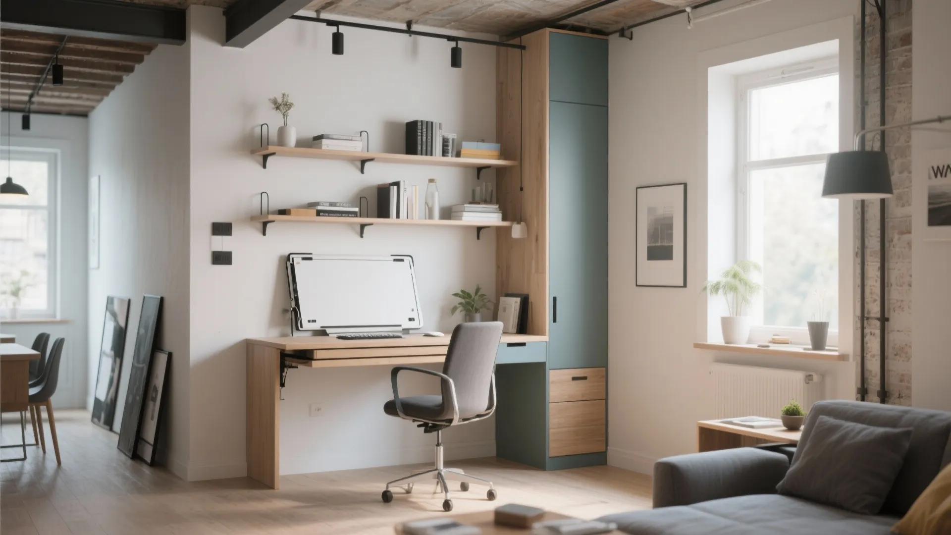 Modern home office area with wooden desk gray chair tall blue cabinet and wall shelves