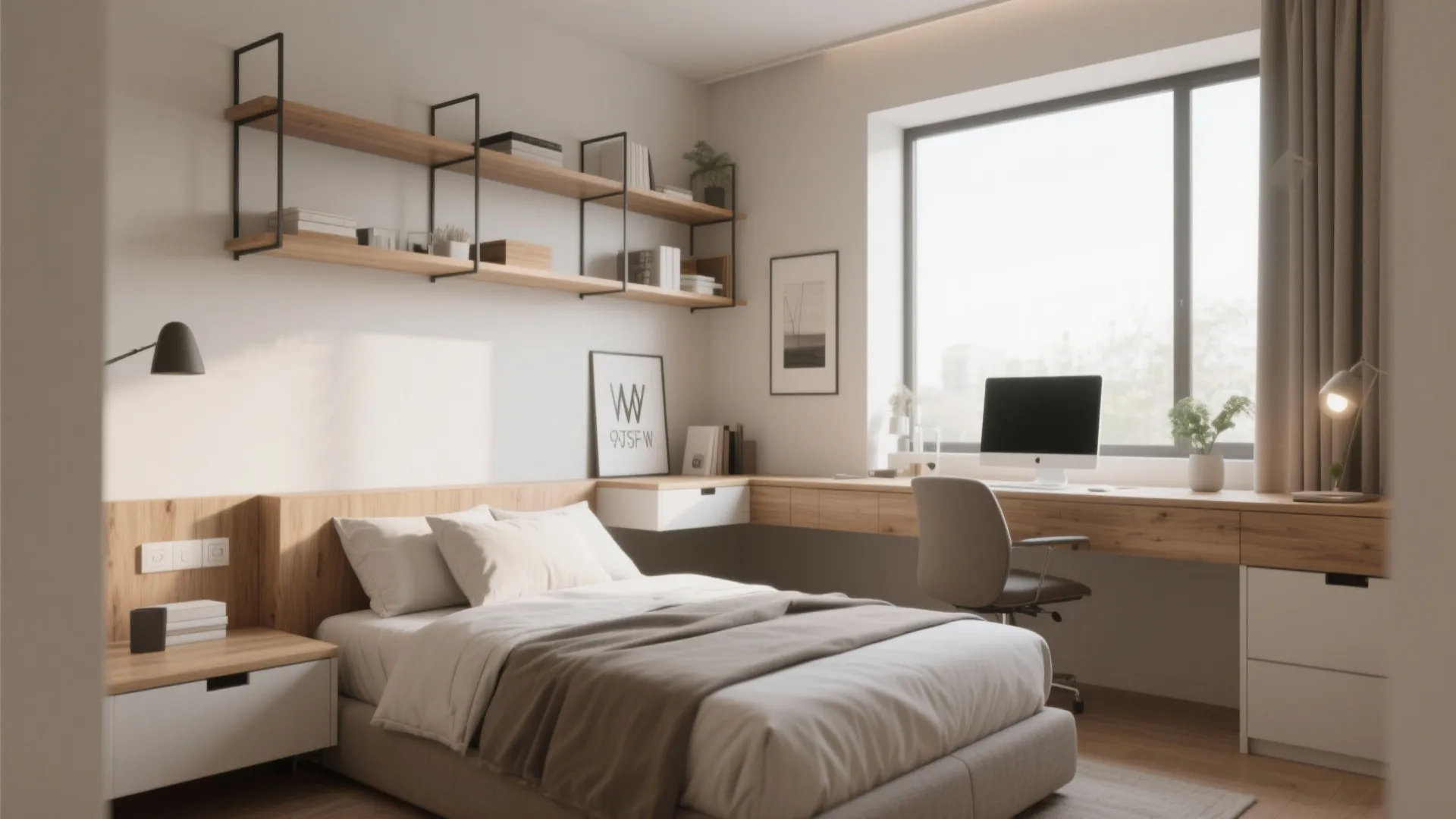 Modern bedroom with a wooden desk, computer, wall shelves, grey bed, and warm light fixture