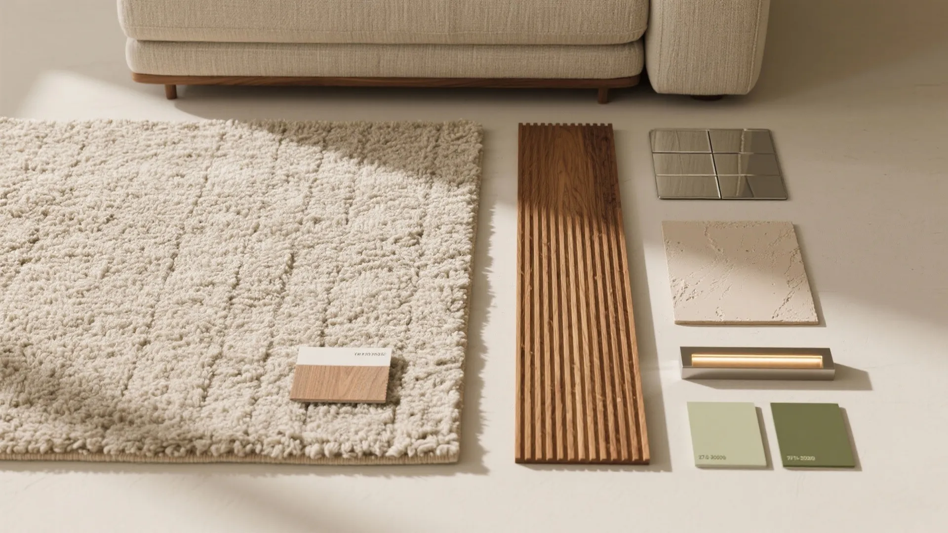 Interior design material board with rug samples wall panel tiles paint swatches and light fixture