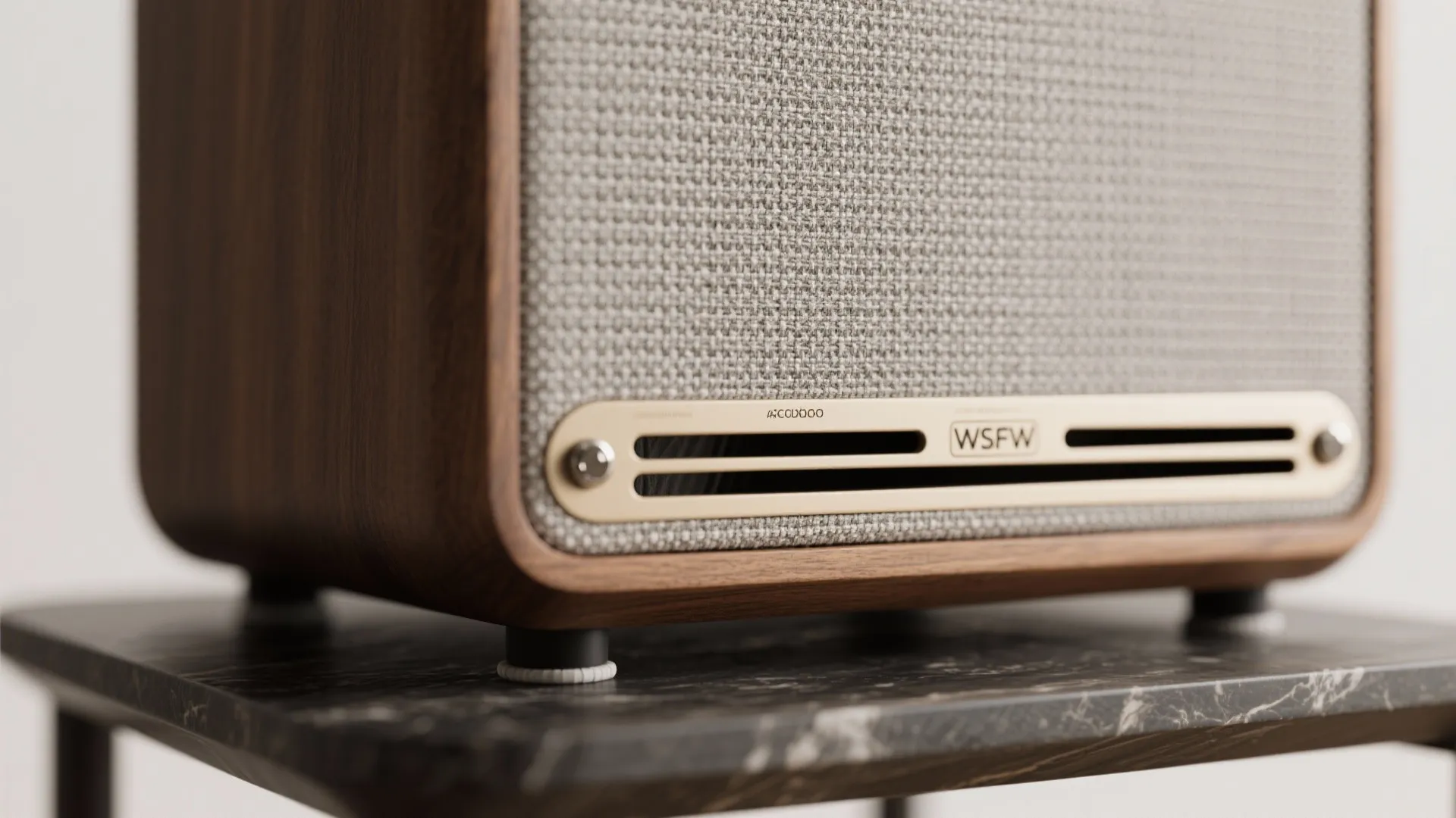 Macro of acoustically transparent fabric, rear vents, and isolation feet on an integrated subwoofer.