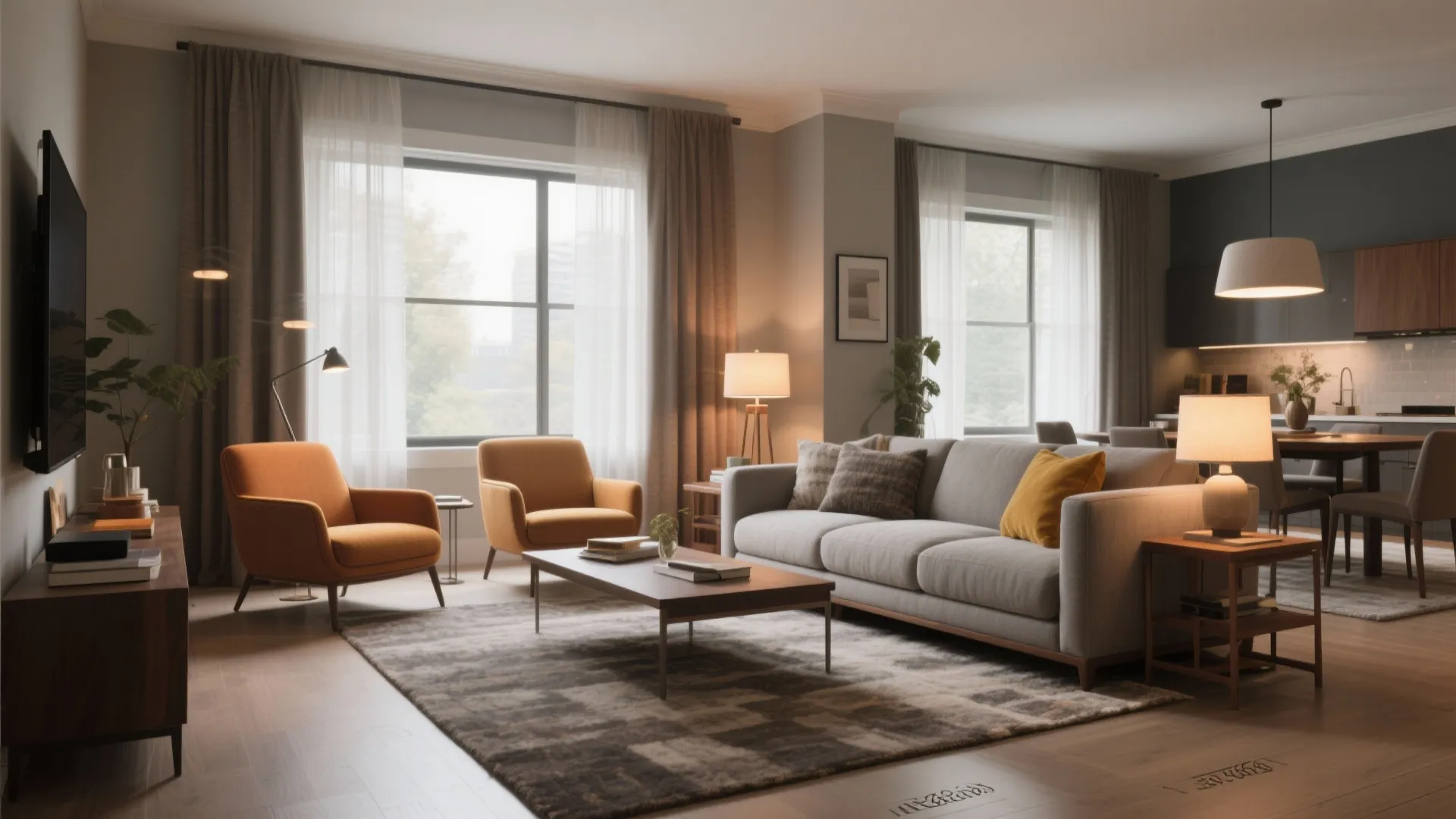 Modern open living room with grey sofa orange chairs wooden coffee table and ceiling light