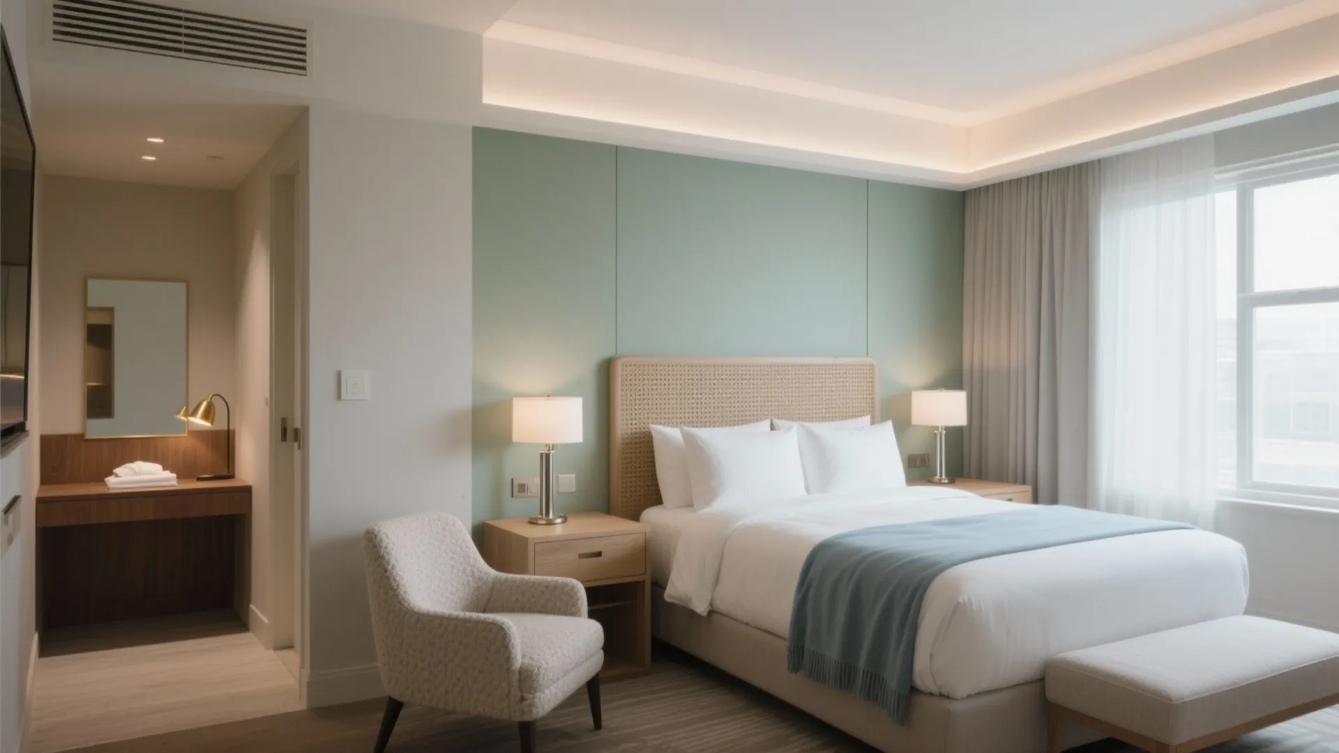 Modern bedroom with light green wall panel white bed armchair table lamp and natural window light