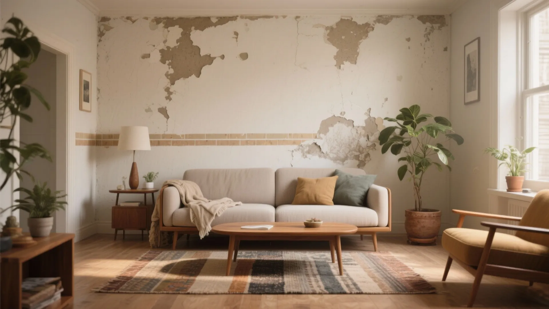 Minimalist living room with beige sofa wooden coffee table patterned rug and distressed white wall texture
