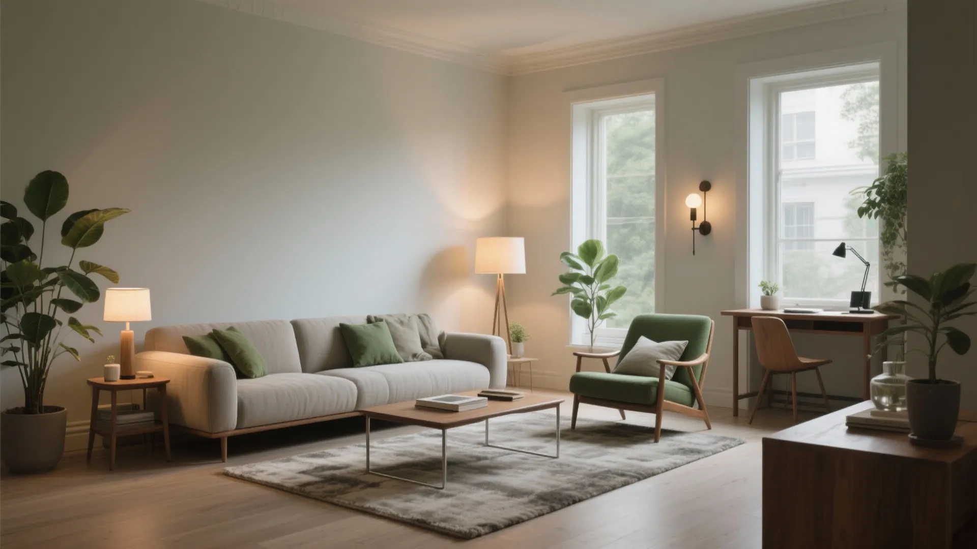 Modern living room with beige sofa green chair wooden coffee table desk plants and wall lights