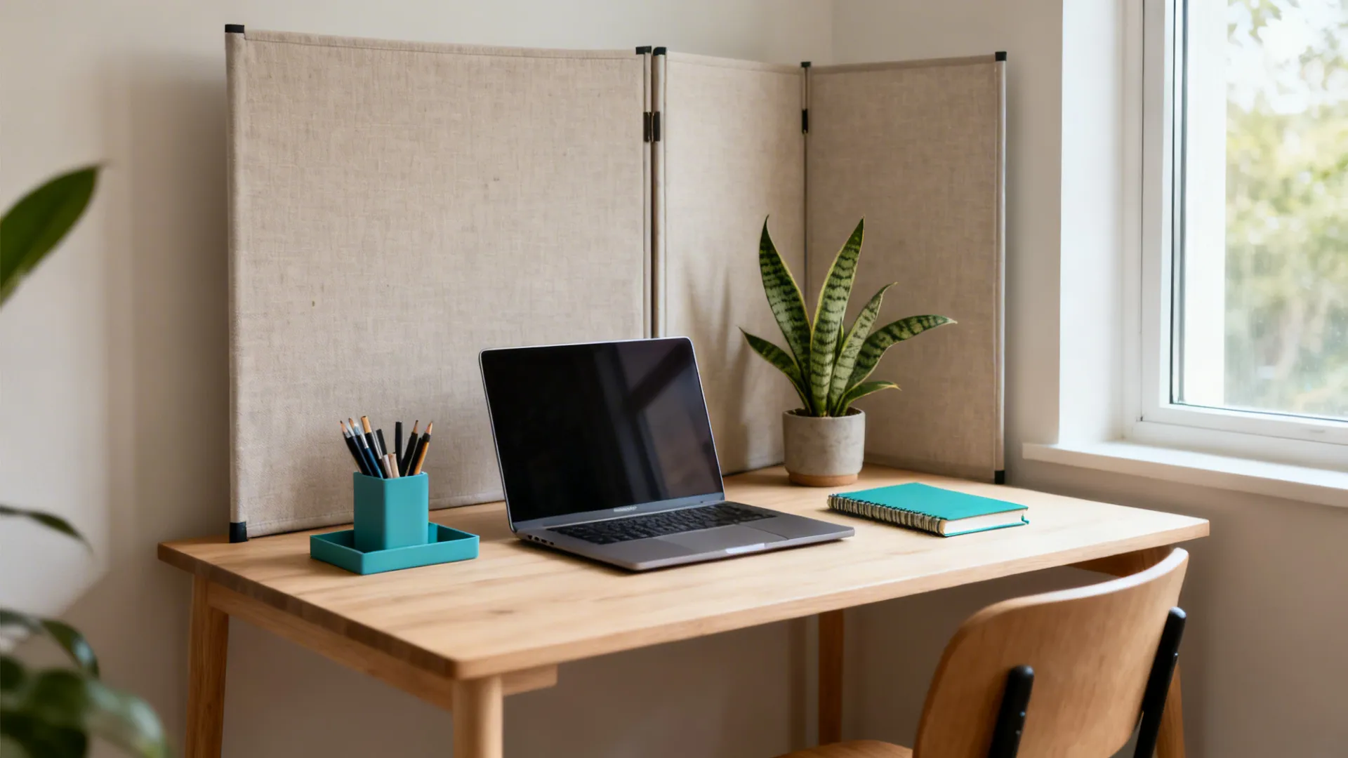 Minimal north-facing desk with tidy tray, small plant, and a subtle panel creating a front.