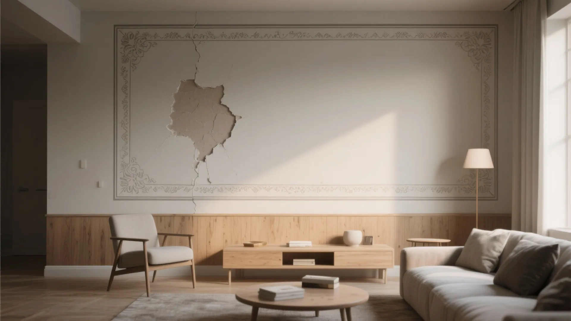 Modern living room with damaged wall panel, wooden cabinet, sofa, chair, and large floor lamp