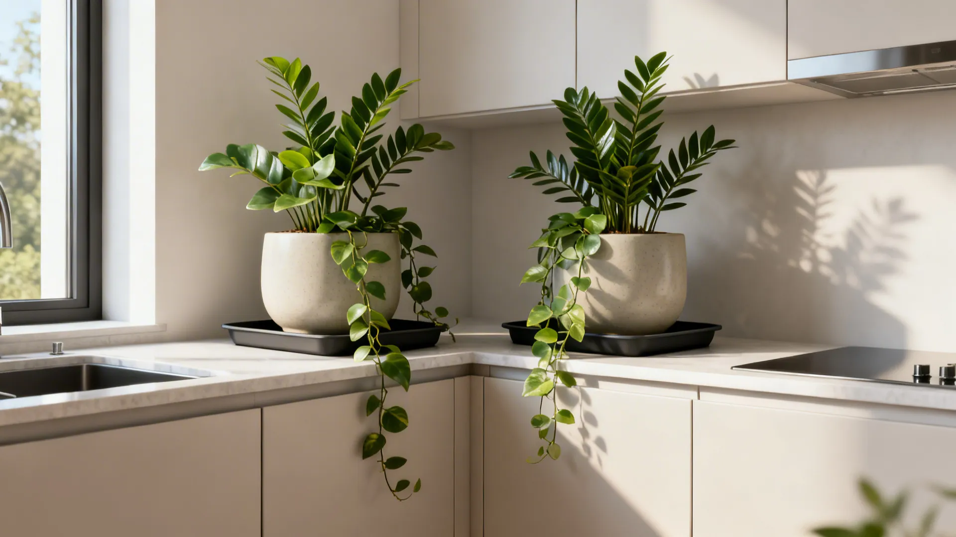 Two matching planters with trailing greenery sit neatly above modern kitchen cabinets.
