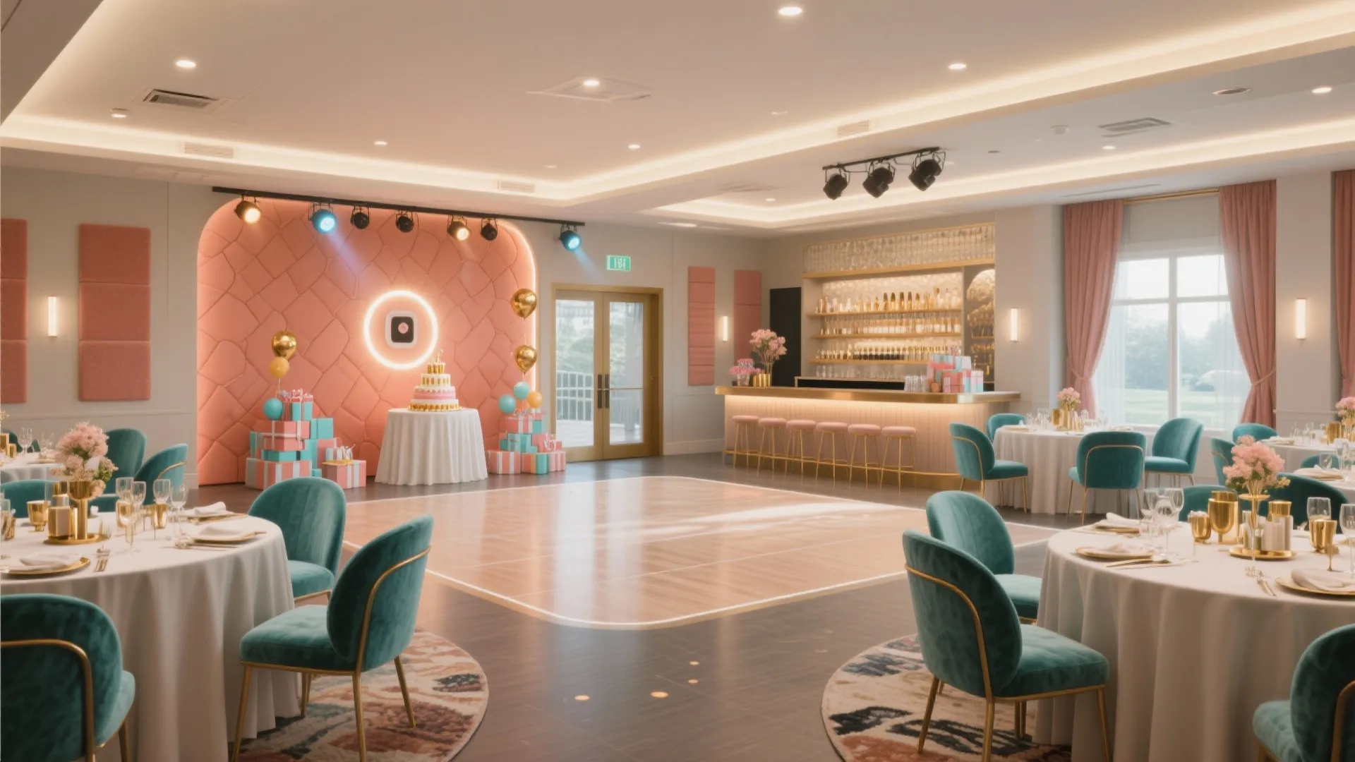 Elegant event hall with green chairs white tables dance floor cake display and a bar