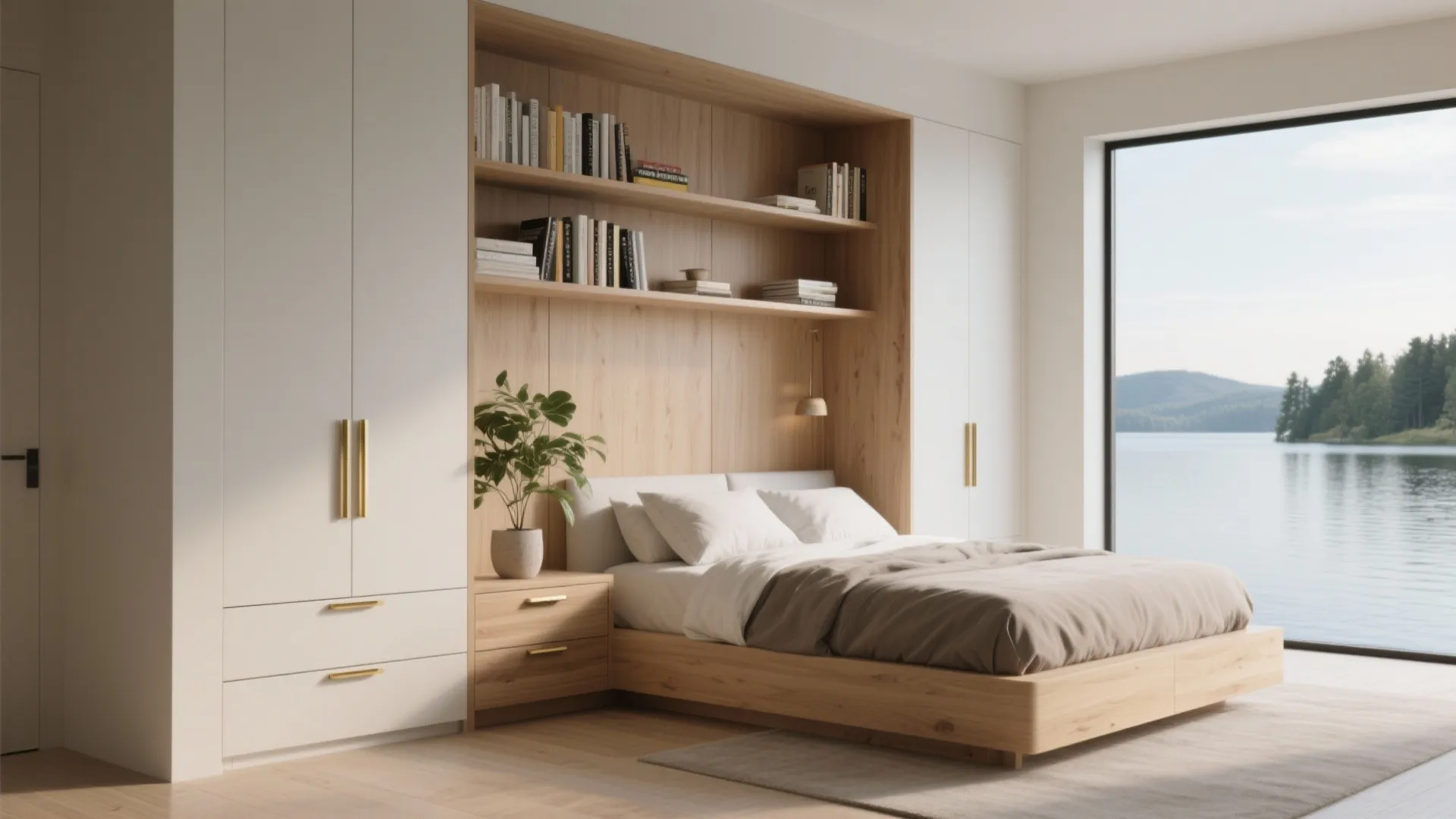 Modern bedroom with wooden bed and white cabinets plus built in shelves overlooking a lake