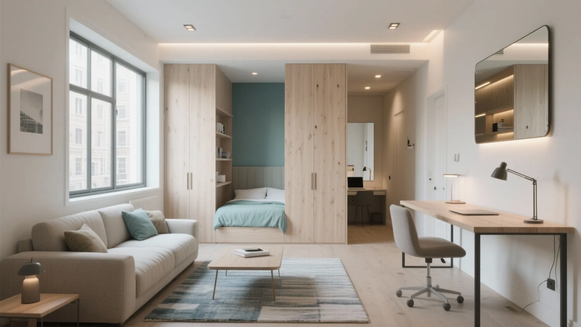Modern studio apartment with sofa rug coffee table wooden desk and bed area between cabinets