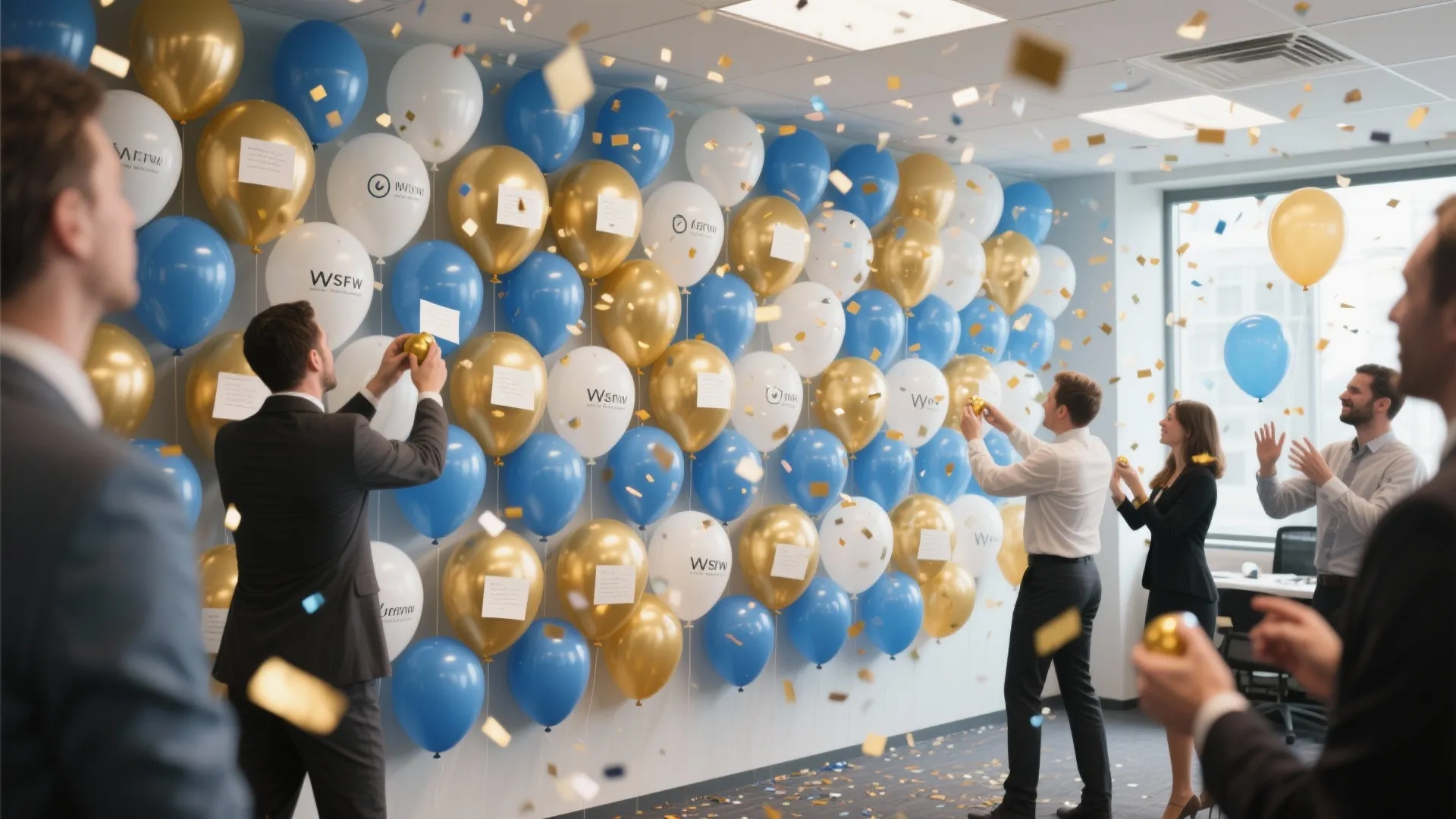 Office employees celebrating by a wall of blue white and gold balloons with falling confetti