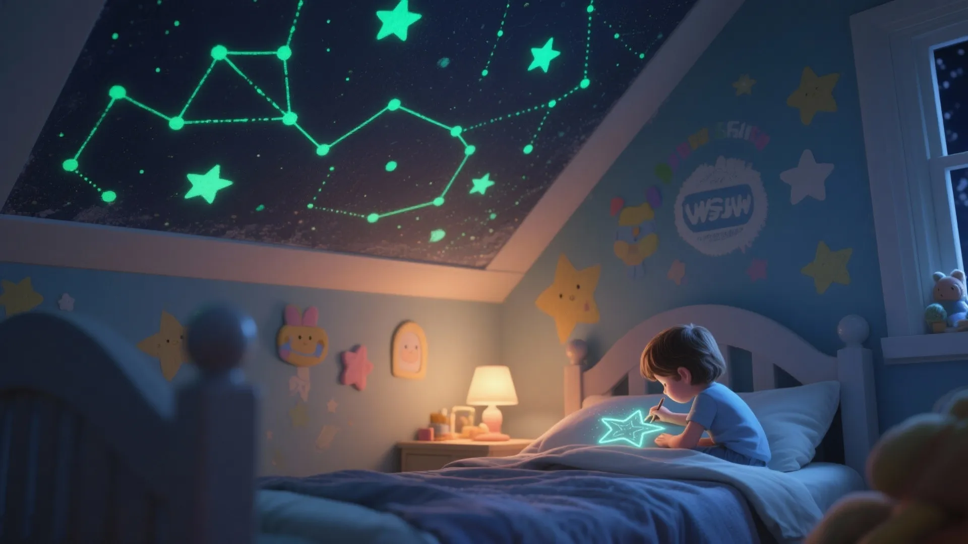 Child drawing a glowing star in a bedroom with green constellation wall art and stars