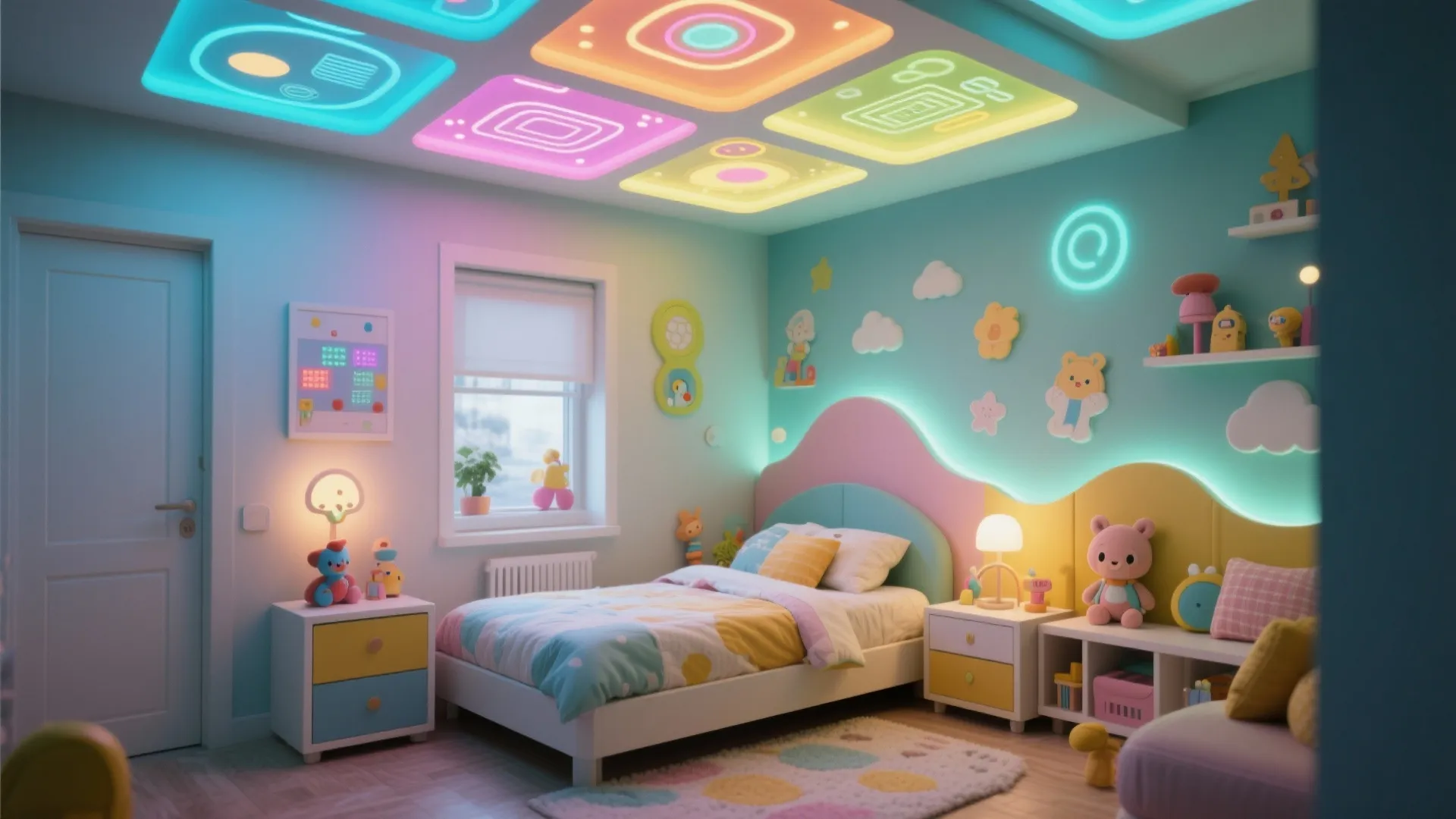 Colorful kids bedroom featuring glowing square light panels on the ceiling with soft pastel furniture