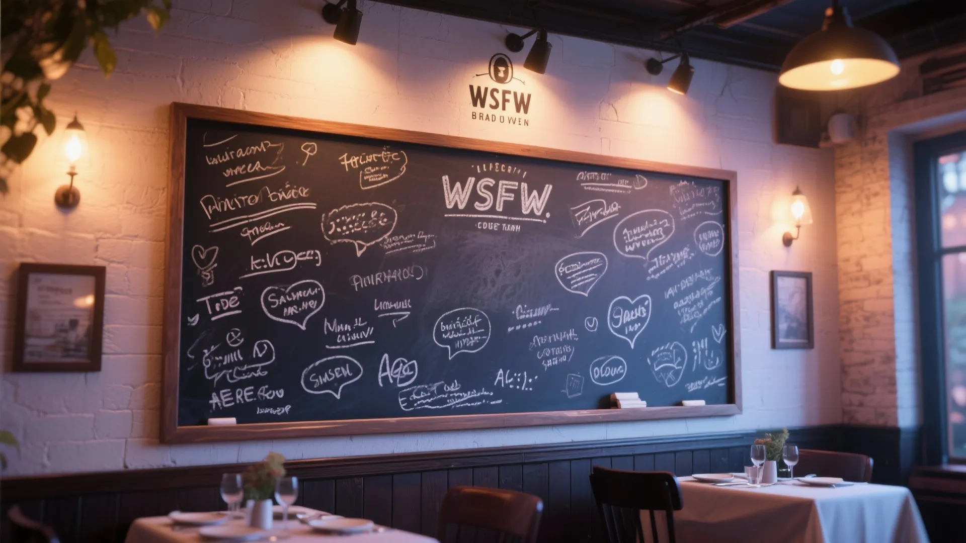 Large chalkboard wall with white drawings and text in a dining area with warm wall lights