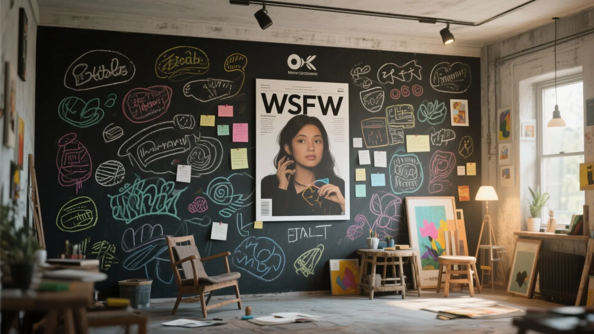 Black chalkboard wall covered with colorful chalk drawings and sticky notes in a creative room