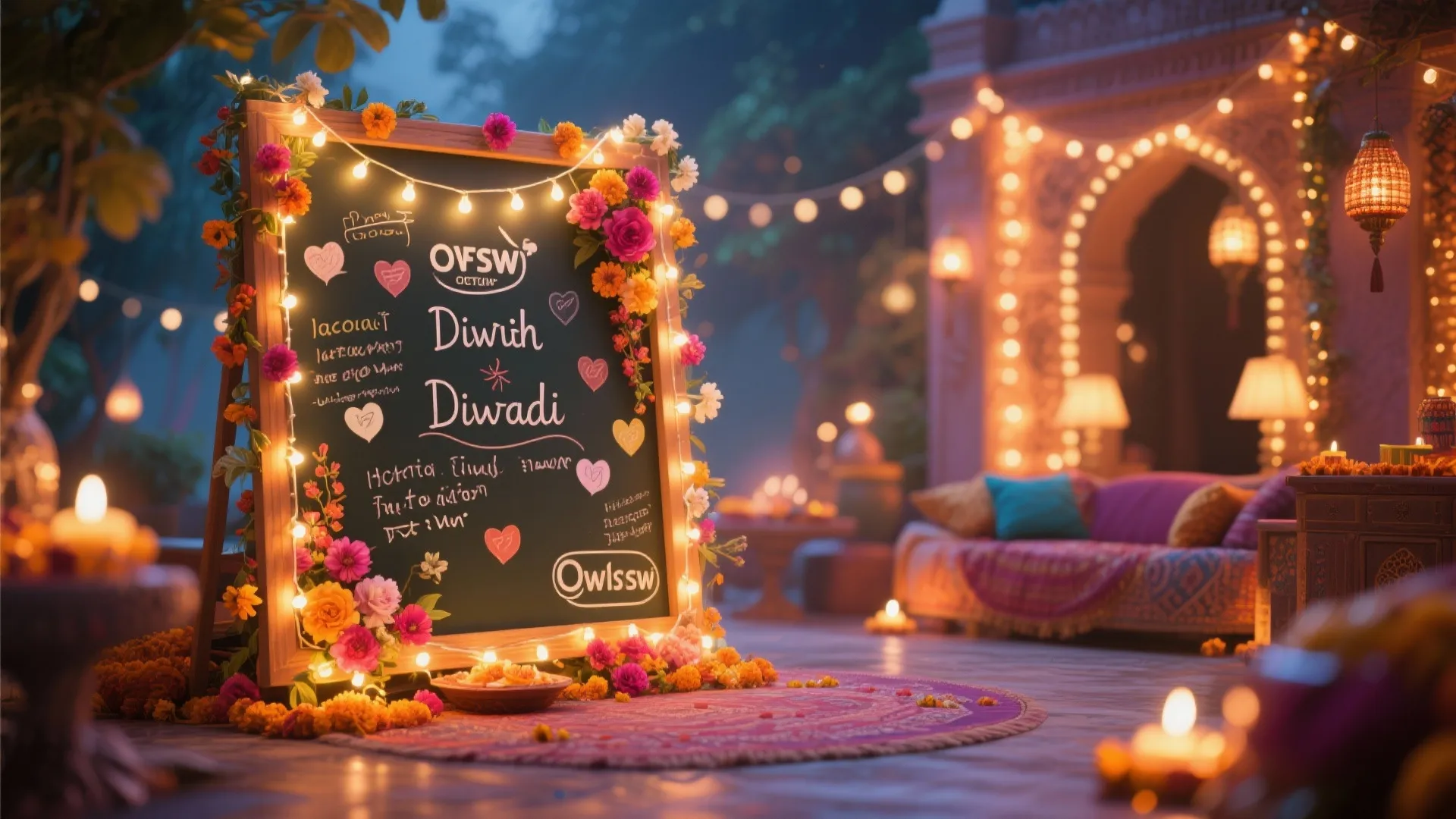 Wish-writing board corner decorated with lights and flowers for Diwali