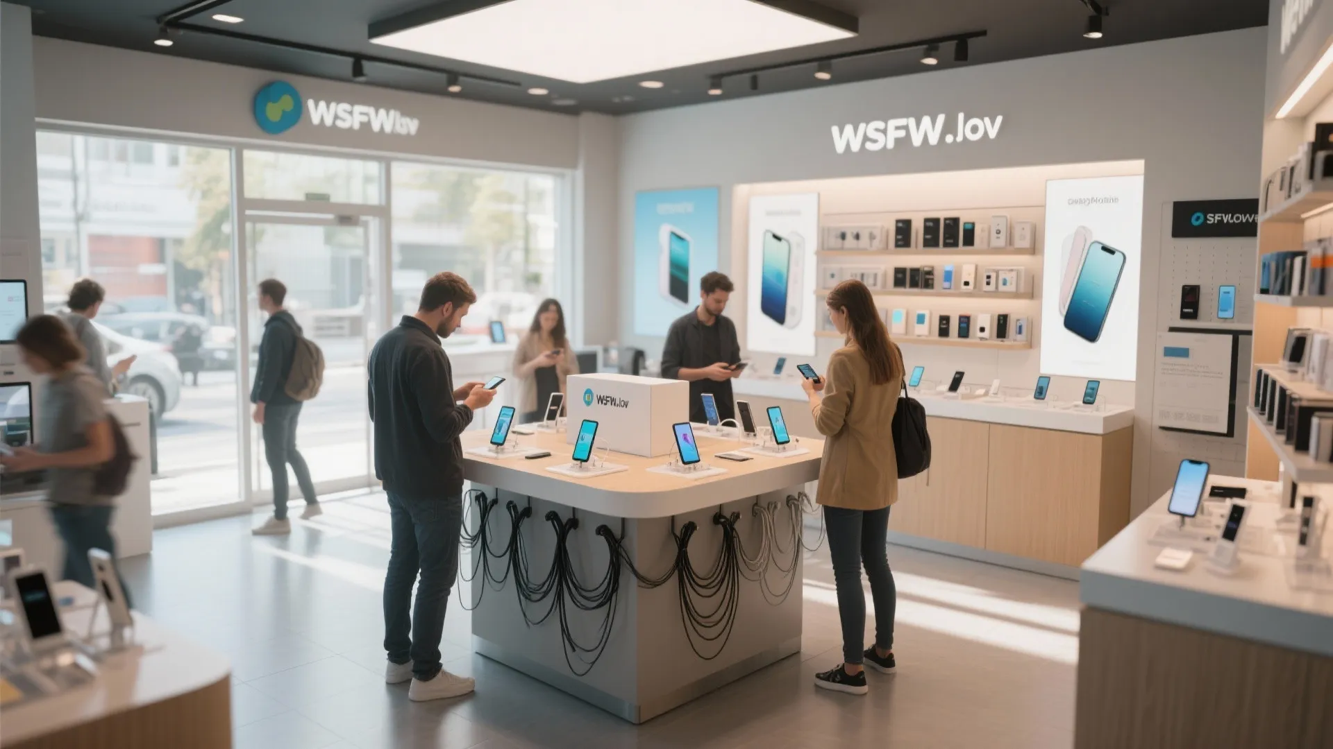 Central demo island in a small mobile shop with customers testing devices