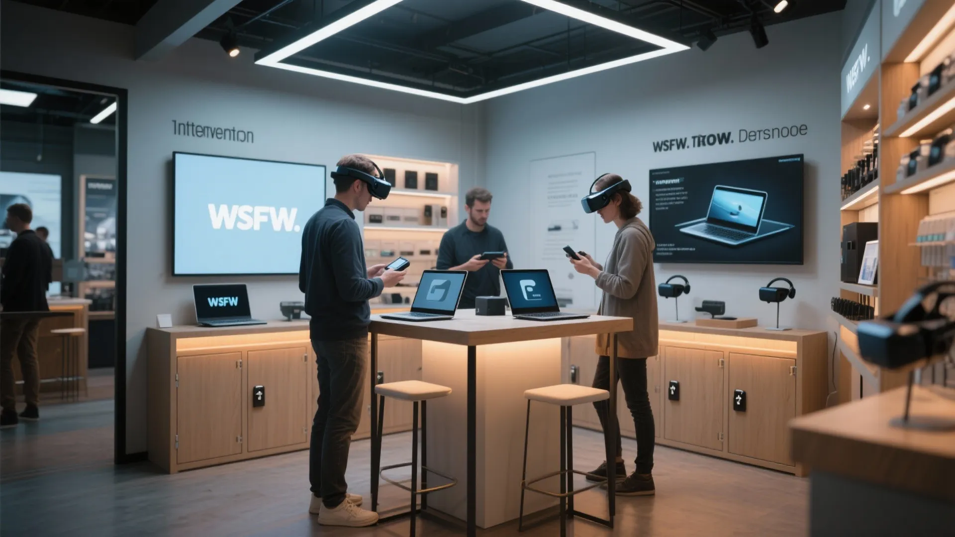 Modern tech showroom with people using vr headsets and laptops on high wooden display tables