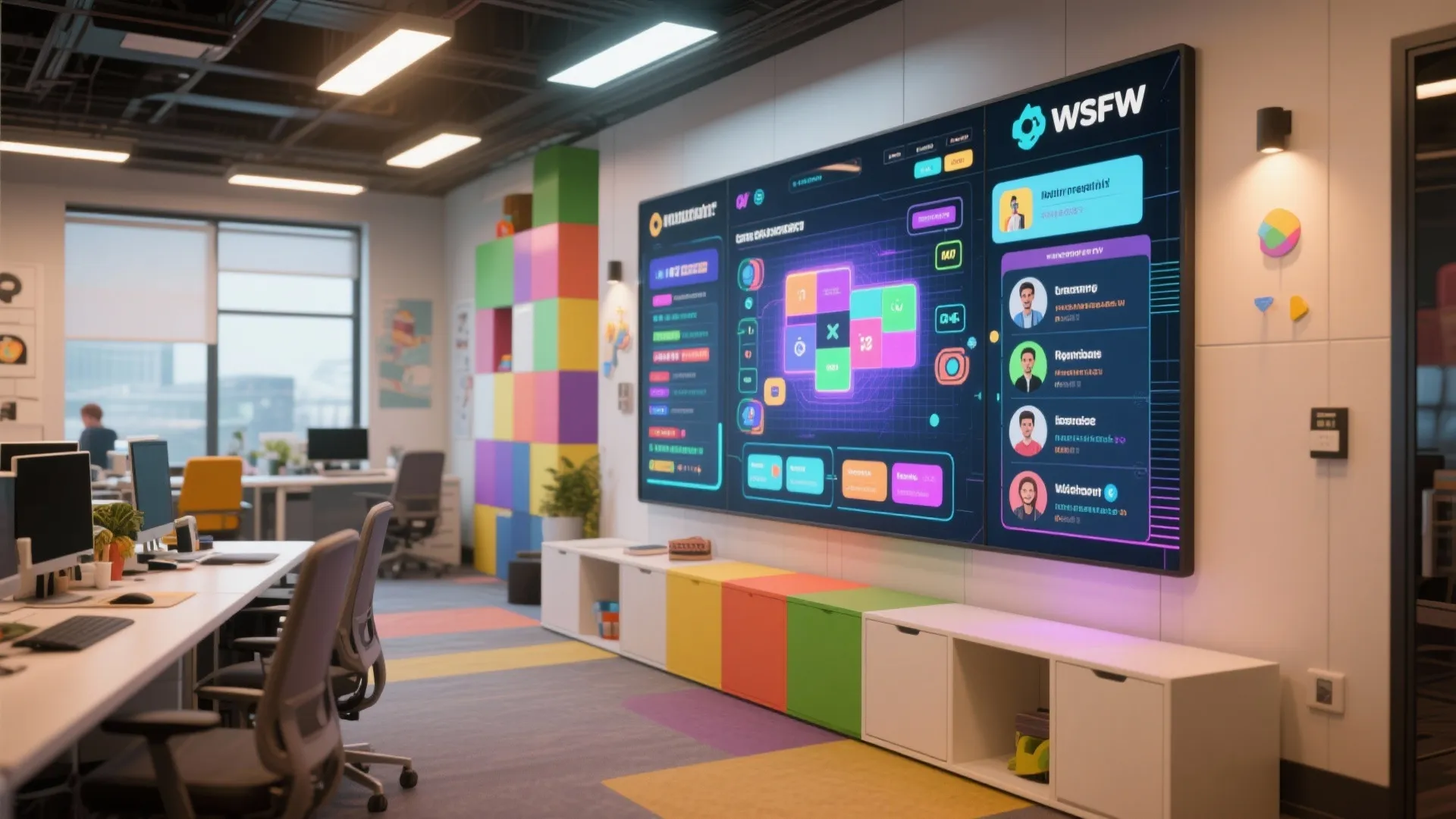 Large digital screen display on office wall with colorful storage cabinets and ergonomic grey chair