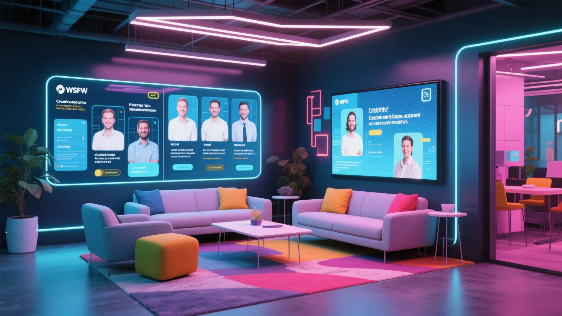 Modern office lounge with neon lights white sofas colorful rug and large interactive digital display screens